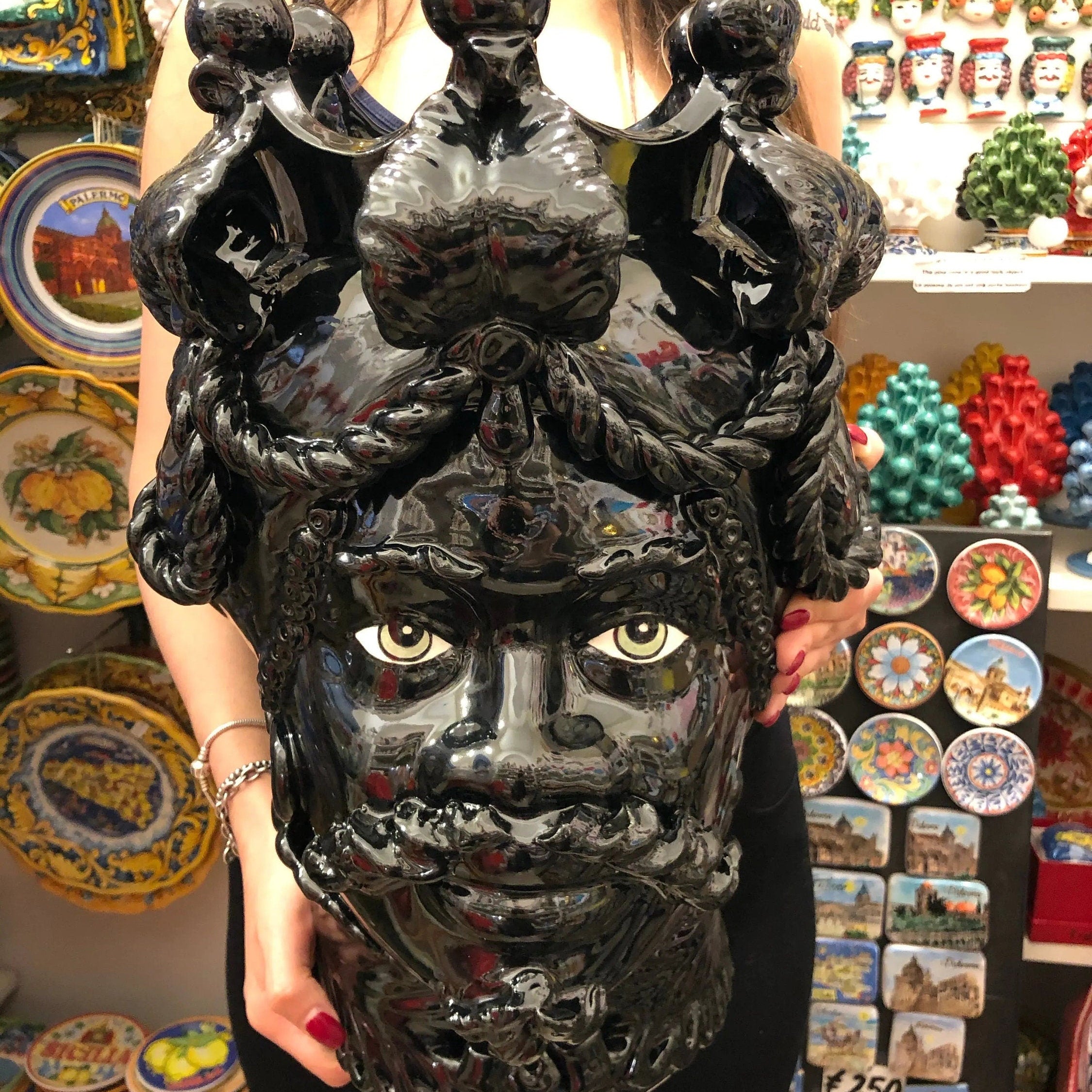 Teste di Moro Zefiro Ceramica Caltagirone cm H.43 L.26 Artigianale Nero Lucido Occhi Verde DD CERAMICHE SICILIANE