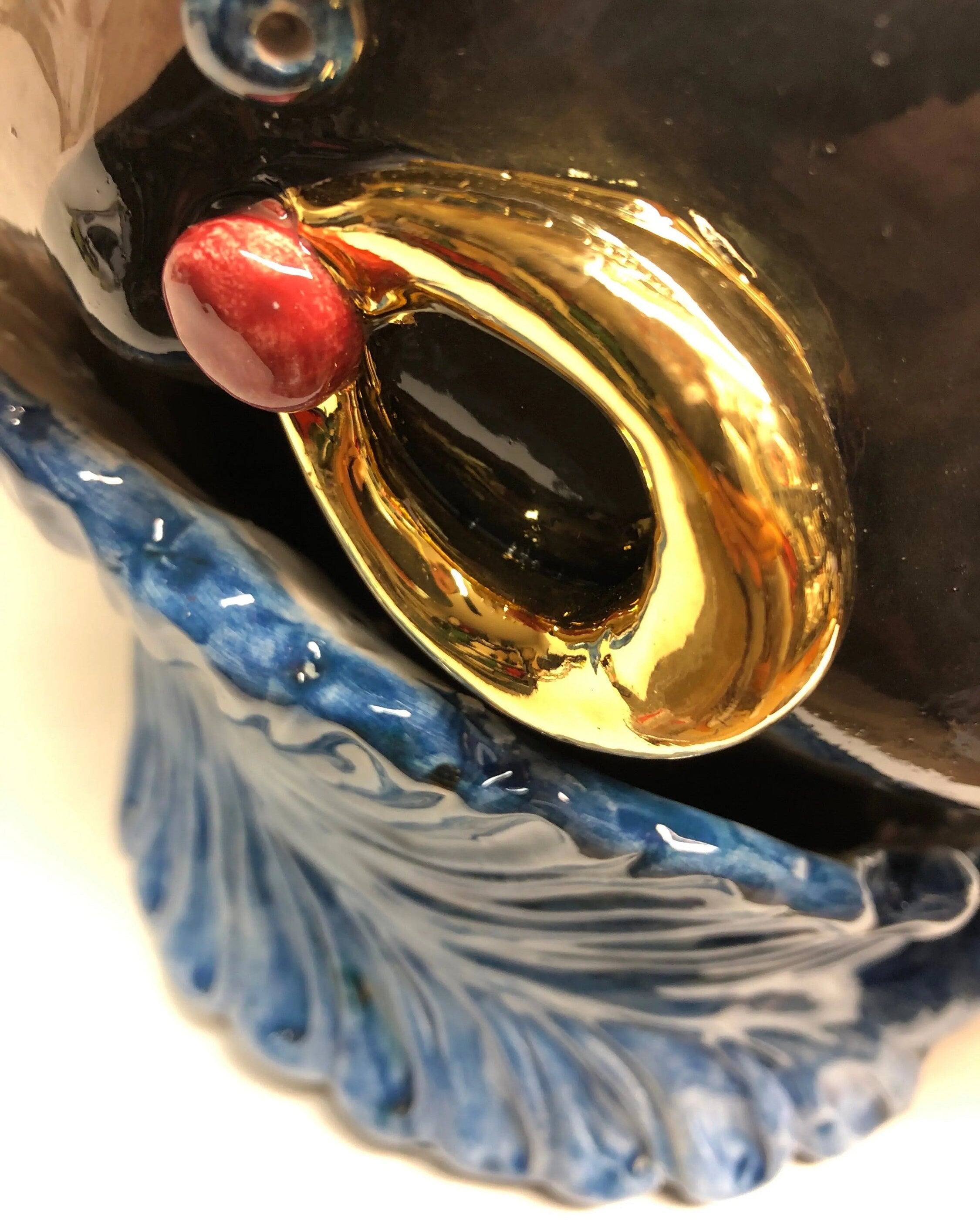 Teste di Moro Zefiro Ceramica Caltagirone cm H.43 L.26 Artigianale Écru Foglie Blu Oro DD CERAMICHE SICILIANE