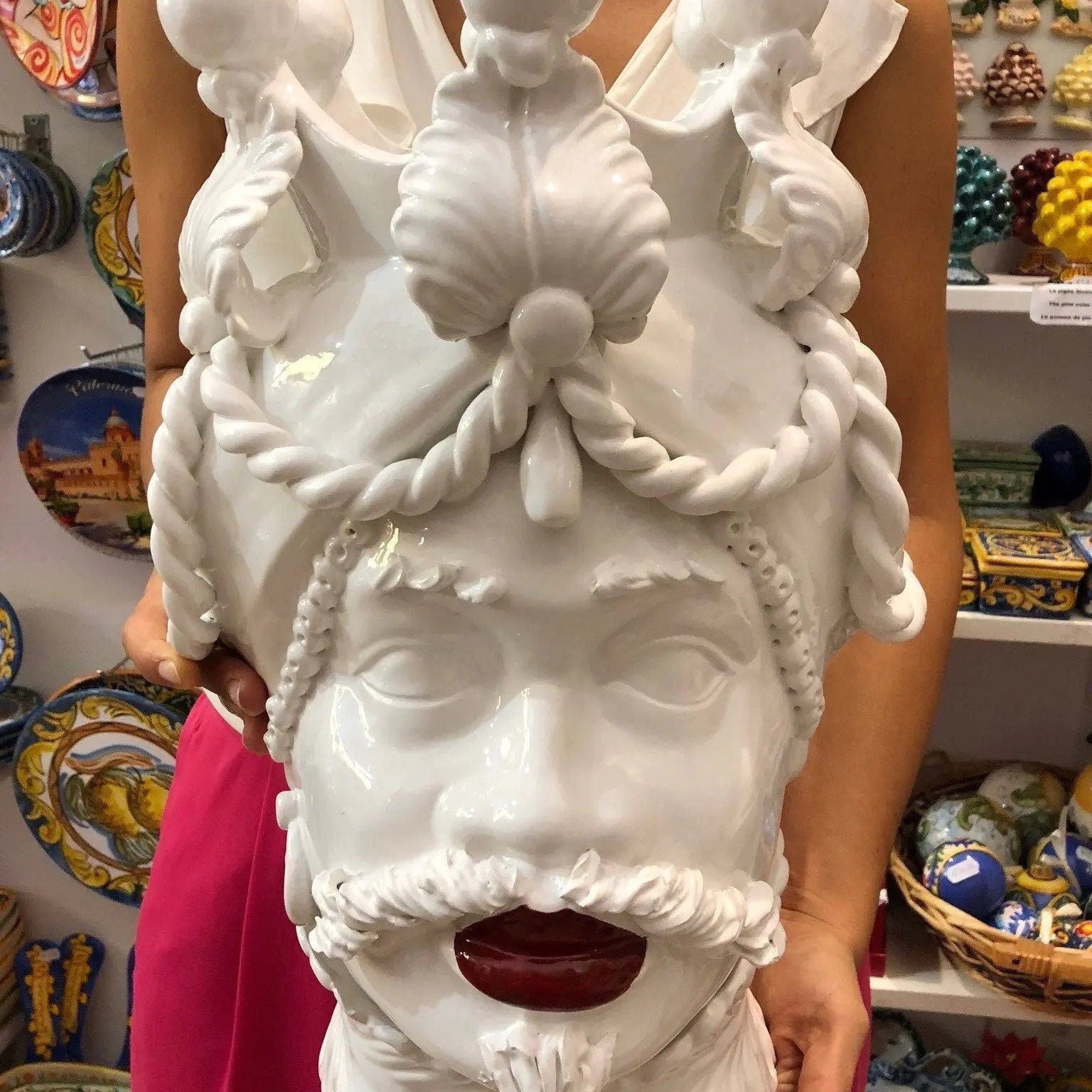 Teste di Moro Zefiro Ceramica Caltagirone cm H.43 L.26 Artigianale Bianco Labbra Rosse DD CERAMICHE SICILIANE