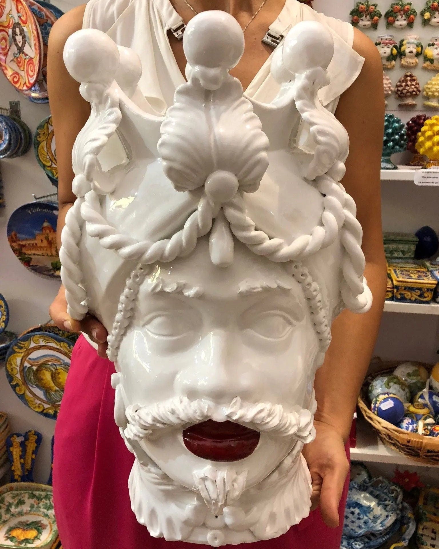 Teste di Moro Zefiro Ceramica Caltagirone cm H.43 L.26 Artigianale Bianco Labbra Rosse DD CERAMICHE SICILIANE