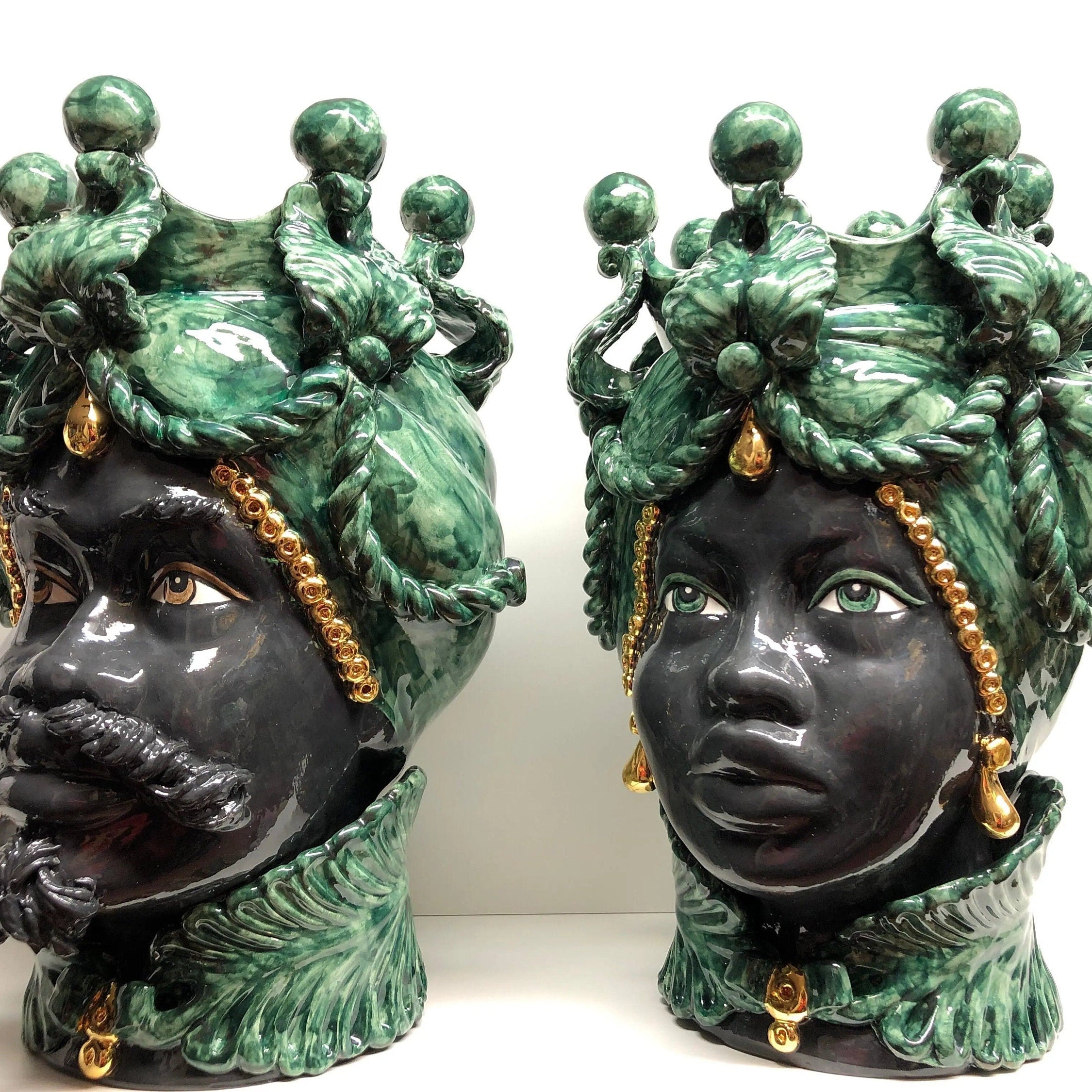 Teste di Moro Zefiro Ceramica Caltagirone cm H.43 L.26 Artigianale Verde Nero Oro DD CERAMICHE SICILIANE