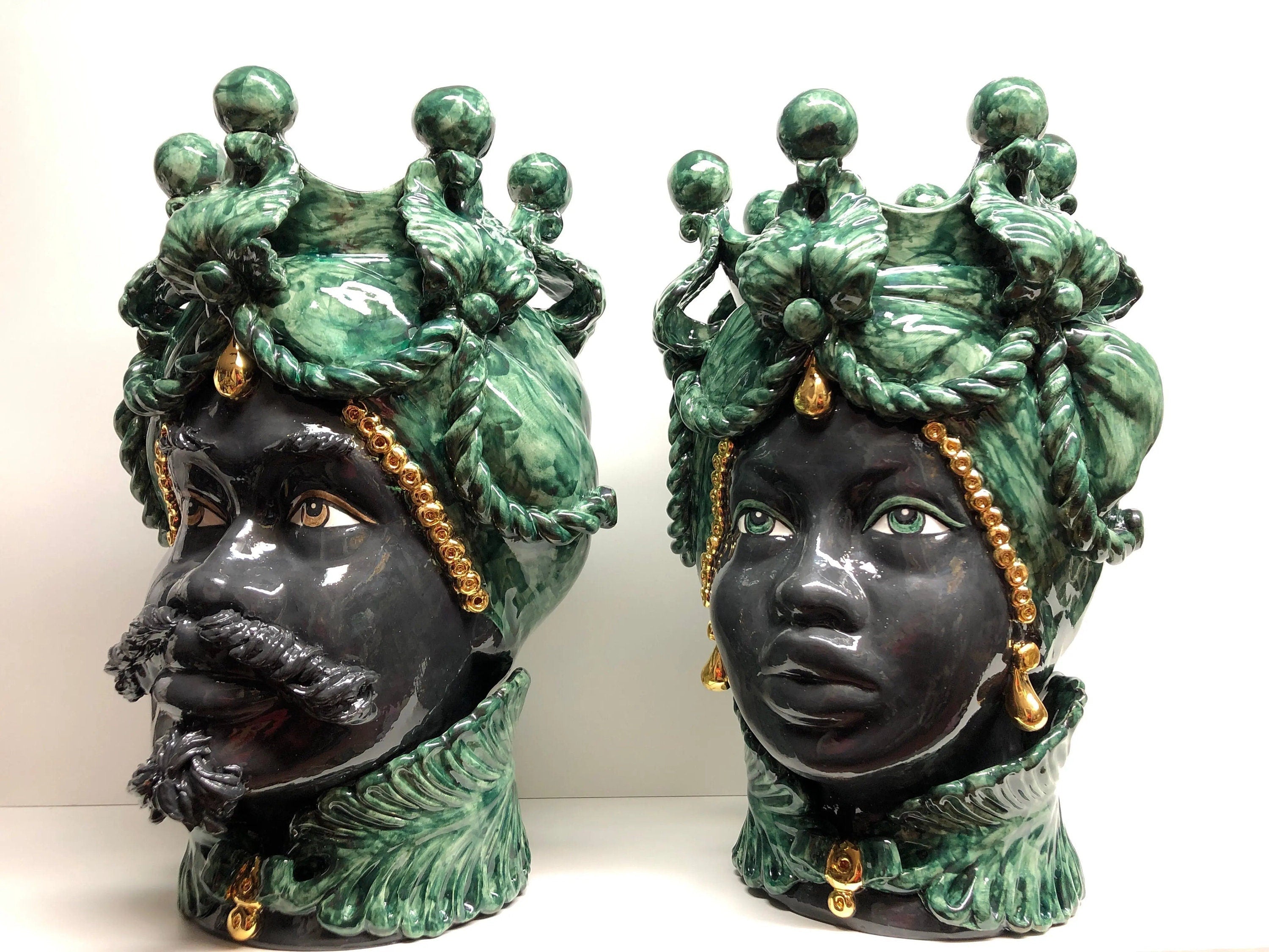 Teste di Moro Zefiro Ceramica Caltagirone cm H.43 L.26 Artigianale Verde Nero Oro DD CERAMICHE SICILIANE