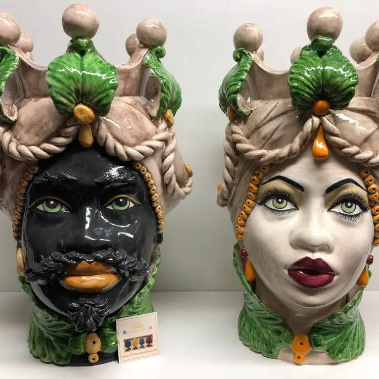 Teste di Moro Zefiro Ceramica Caltagirone cm H.43 L.26 Artigianale Écru Foglie Verde DD CERAMICHE SICILIANE