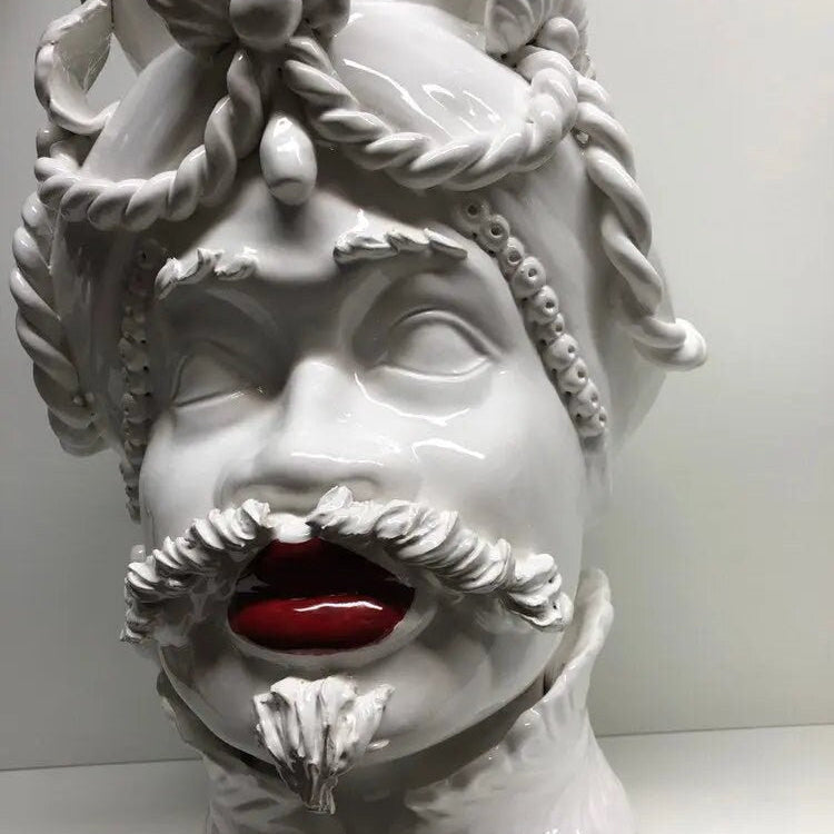 Teste di Moro Zefiro Ceramica Caltagirone cm H.43 L.26 Artigianale Bianco Labbra Rosse DD CERAMICHE SICILIANE