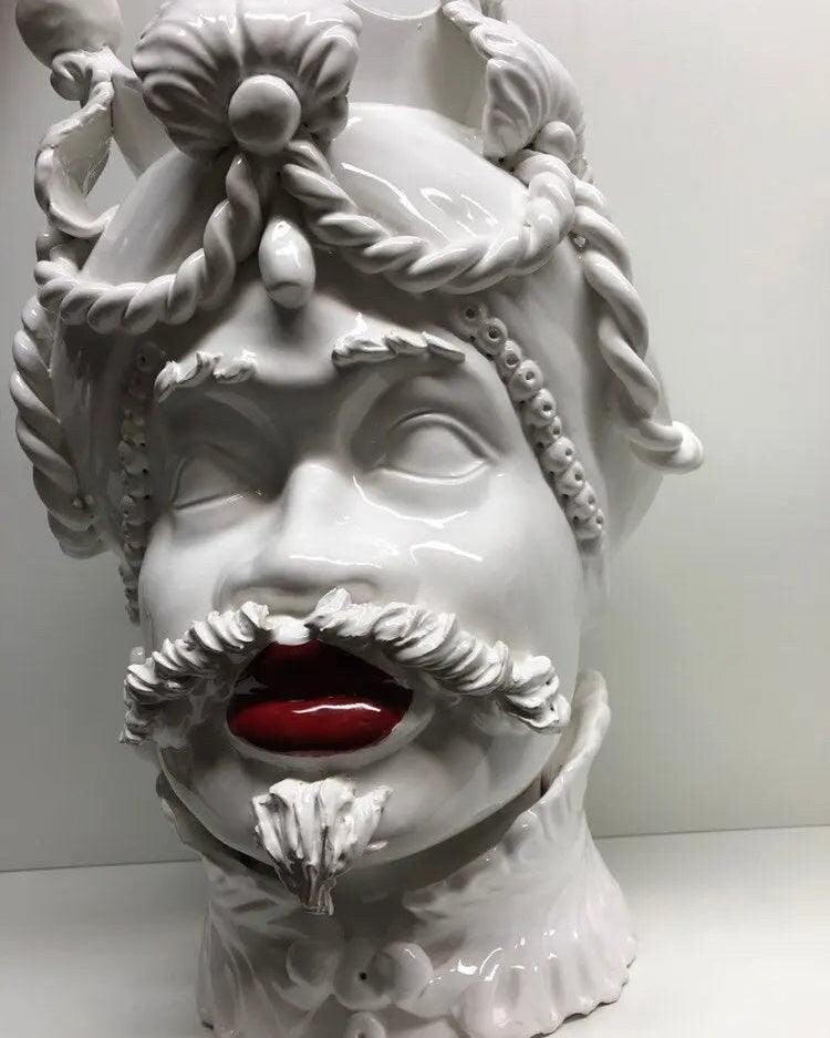 Teste di Moro Zefiro Ceramica Caltagirone cm H.43 L.26 Artigianale Bianco Labbra Rosse DD CERAMICHE SICILIANE