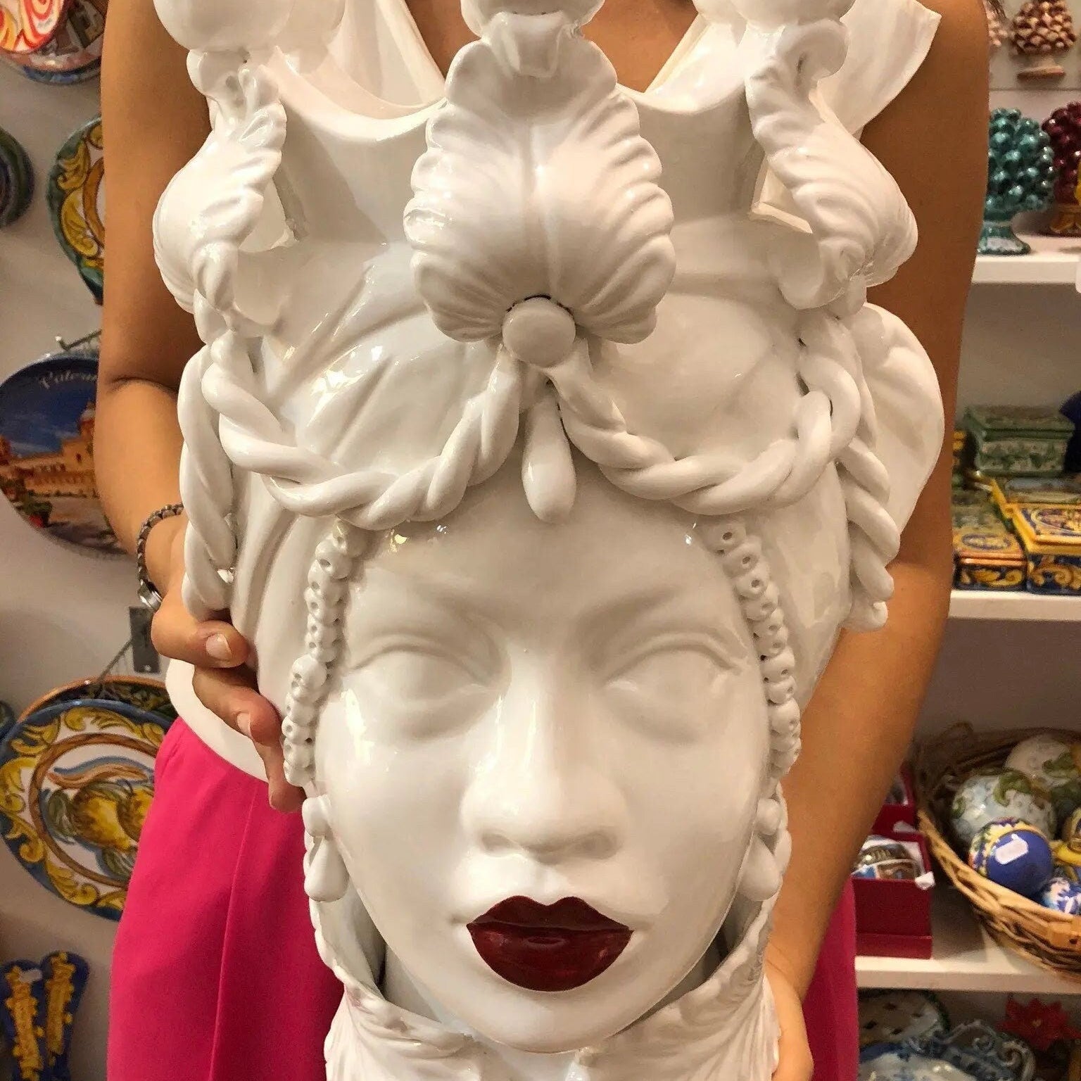 Teste di Moro Zefiro Ceramica Caltagirone cm H.43 L.26 Artigianale Bianco Labbra Rosse DD CERAMICHE SICILIANE