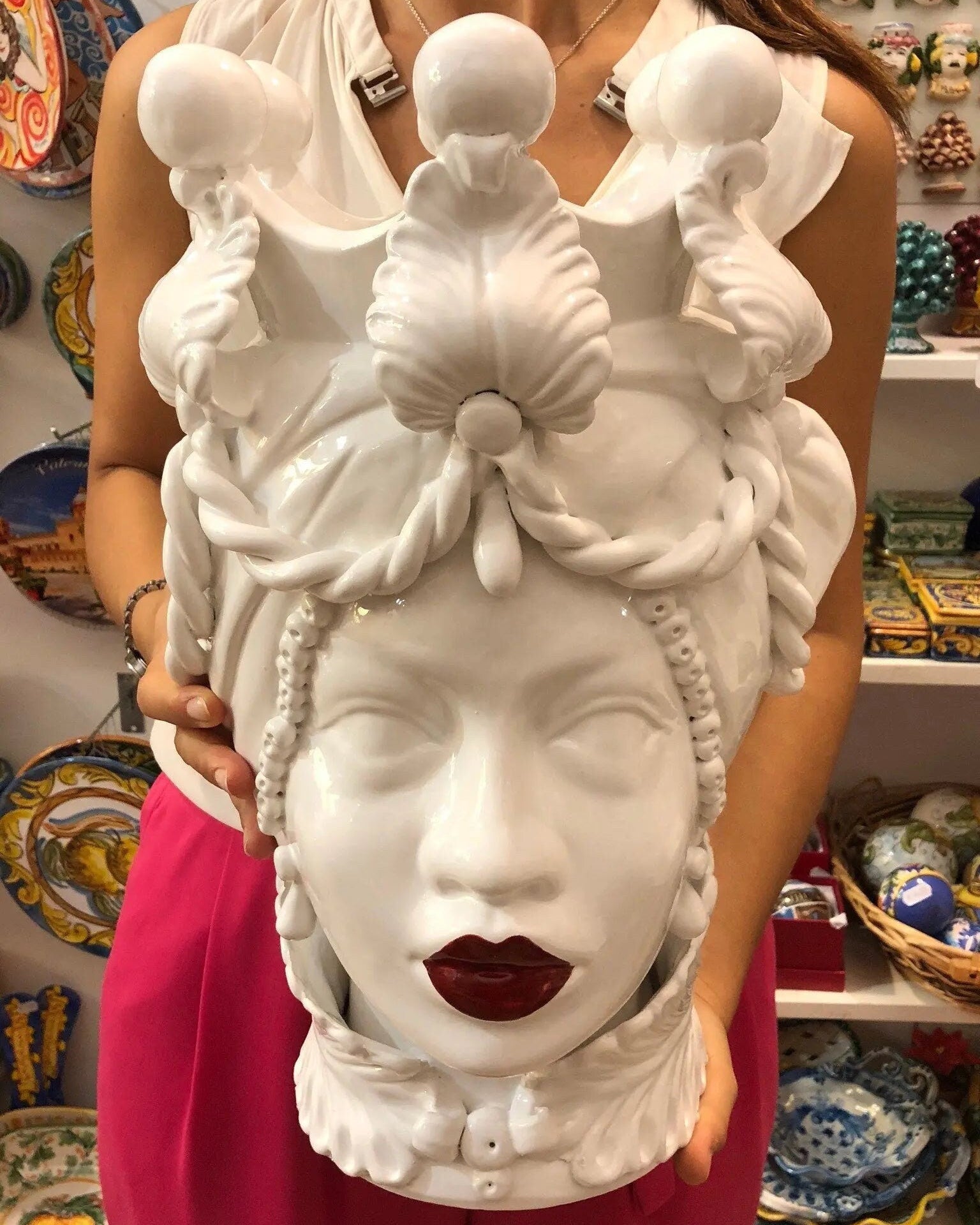 Teste di Moro Zefiro Ceramica Caltagirone cm H.43 L.26 Artigianale Bianco Labbra Rosse DD CERAMICHE SICILIANE
