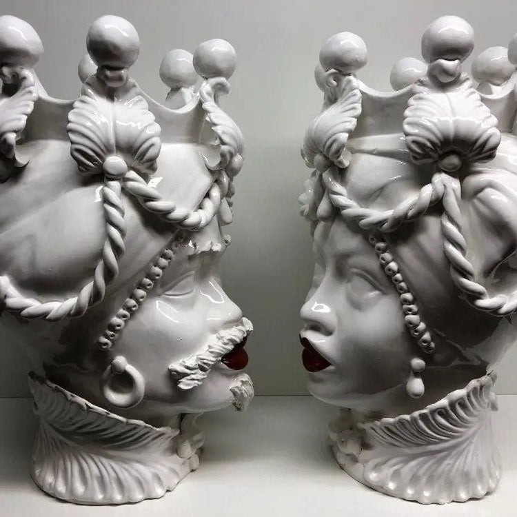 Teste di Moro Zefiro Ceramica Caltagirone cm H.43 L.26 Artigianale Bianco Labbra Rosse DD CERAMICHE SICILIANE