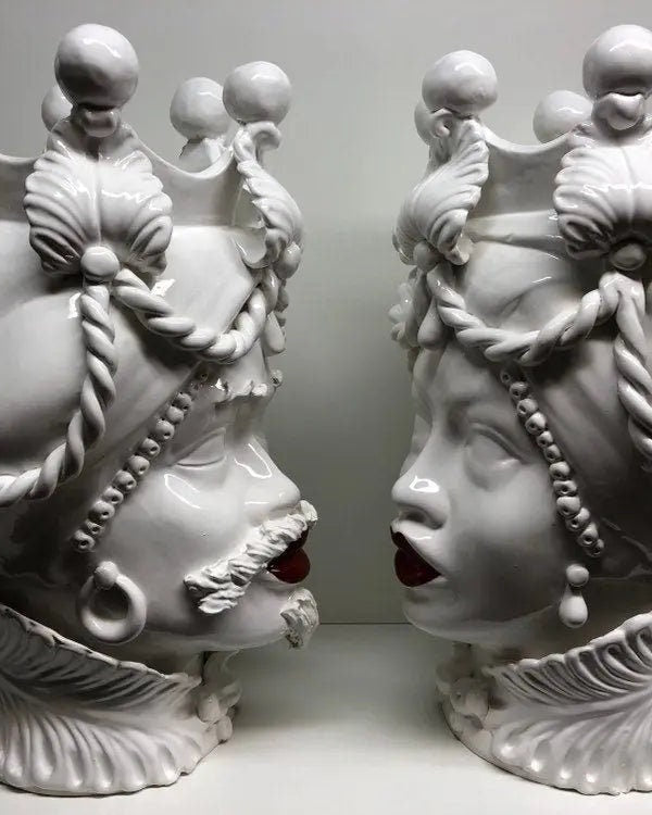 Teste di Moro Zefiro Ceramica Caltagirone cm H.43 L.26 Artigianale Bianco Labbra Rosse DD CERAMICHE SICILIANE