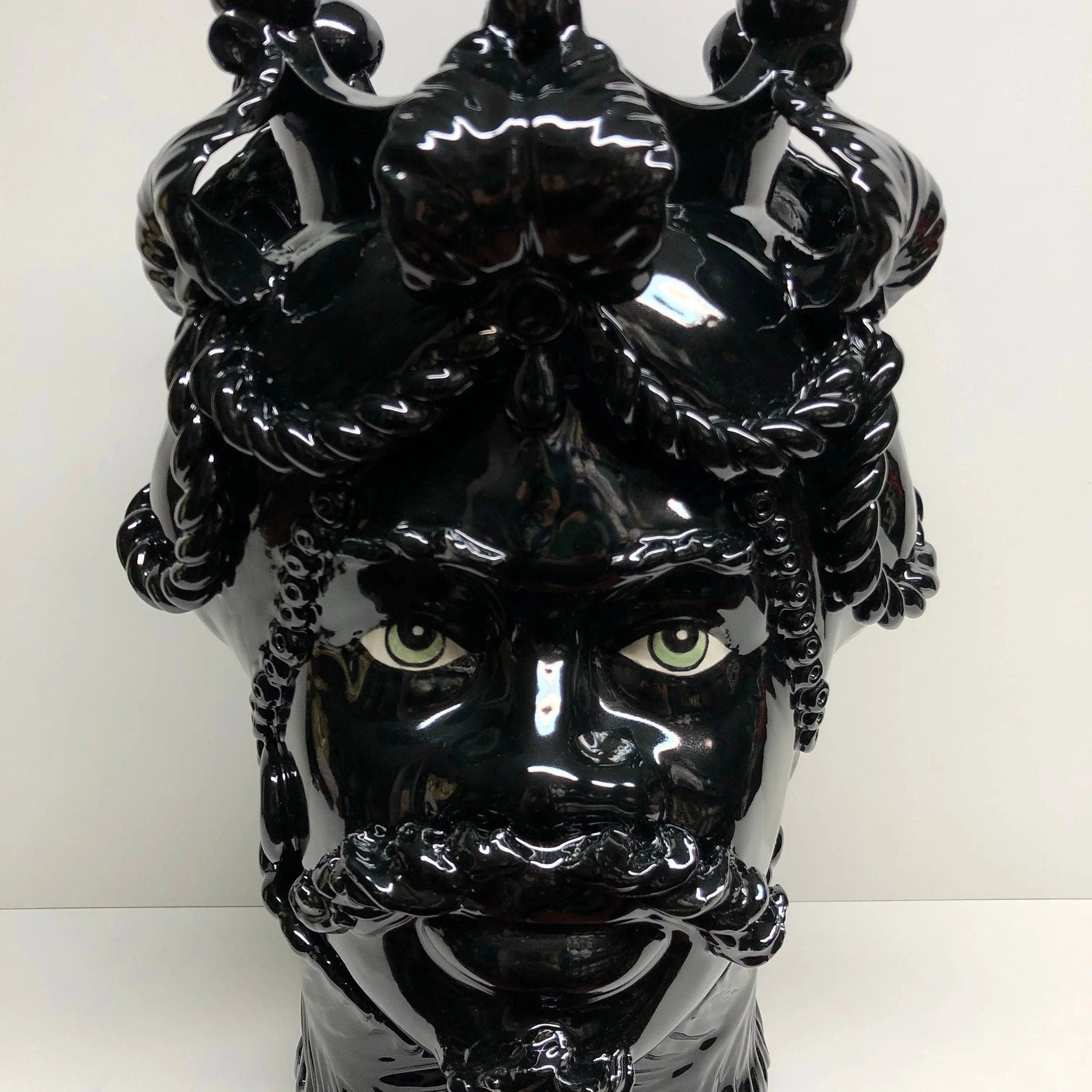 Teste di Moro Zefiro Ceramica Caltagirone cm H.43 L.26 Artigianale Nero Lucido Occhi Verde DD CERAMICHE SICILIANE