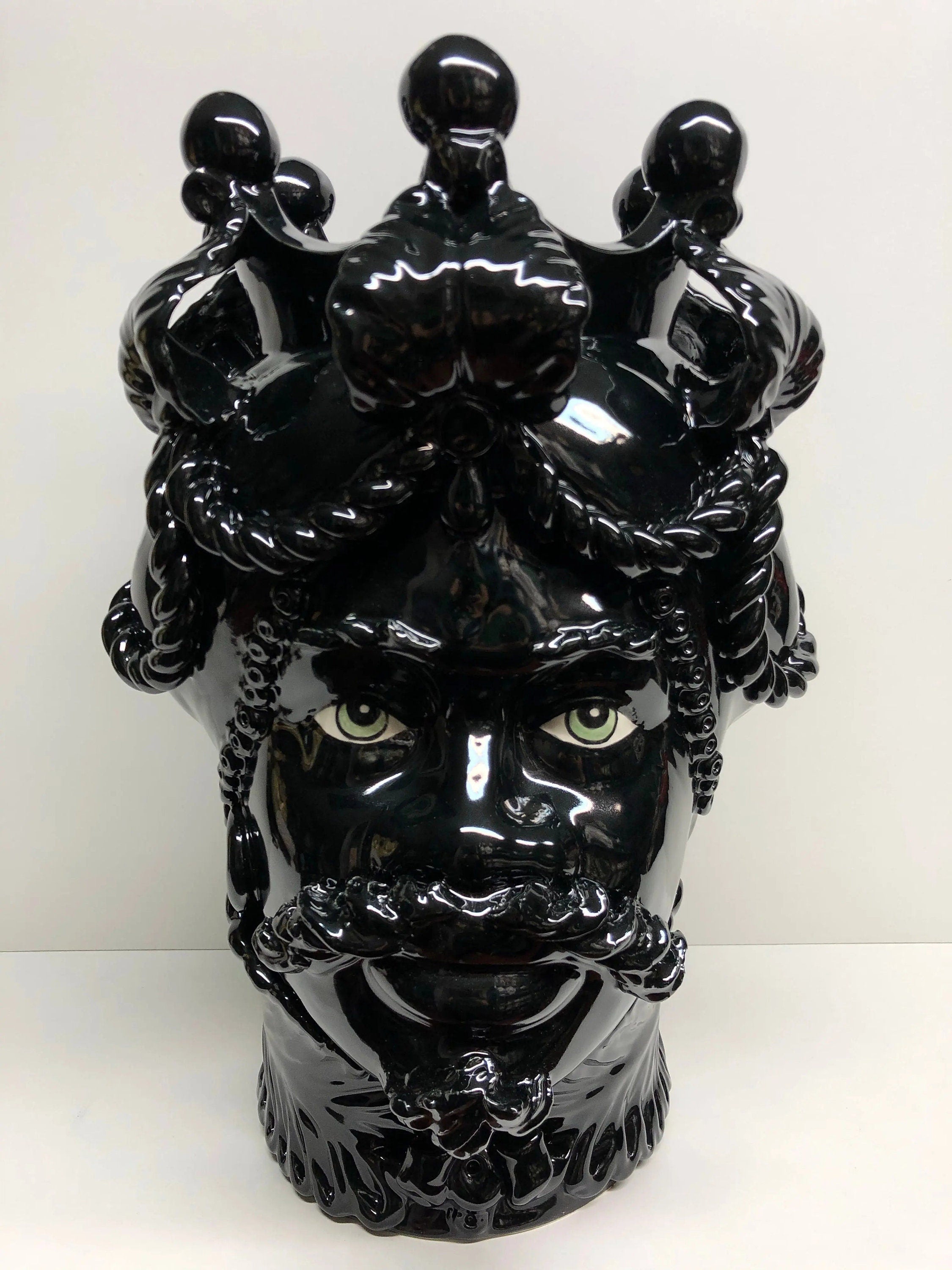 Teste di Moro Zefiro Ceramica Caltagirone cm H.43 L.26 Artigianale Nero Lucido Occhi Verde DD CERAMICHE SICILIANE