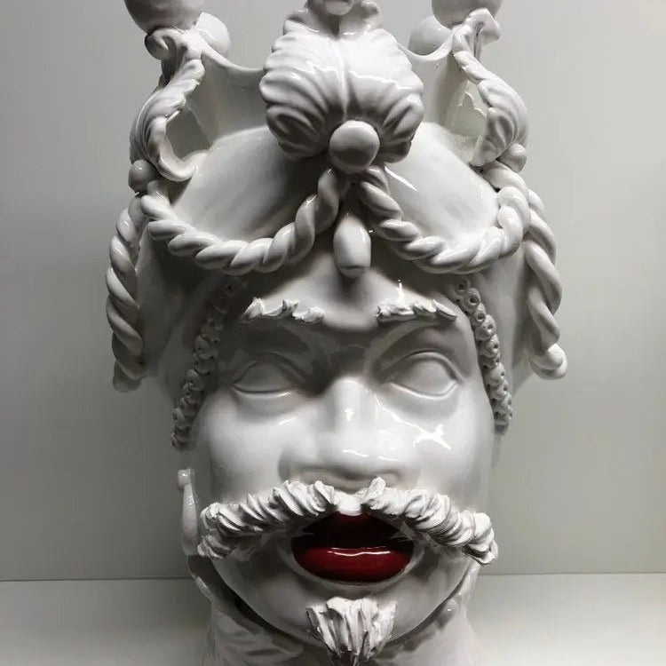 Teste di Moro Zefiro Ceramica Caltagirone cm H.43 L.26 Artigianale Bianco Labbra Rosse DD CERAMICHE SICILIANE