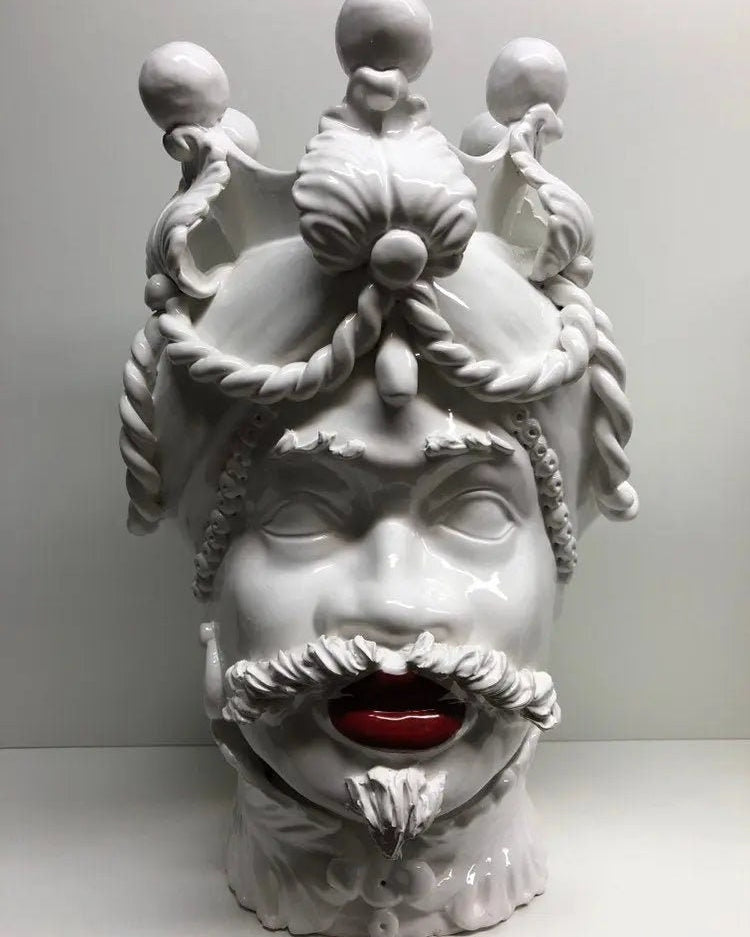 Teste di Moro Zefiro Ceramica Caltagirone cm H.43 L.26 Artigianale Bianco Labbra Rosse DD CERAMICHE SICILIANE