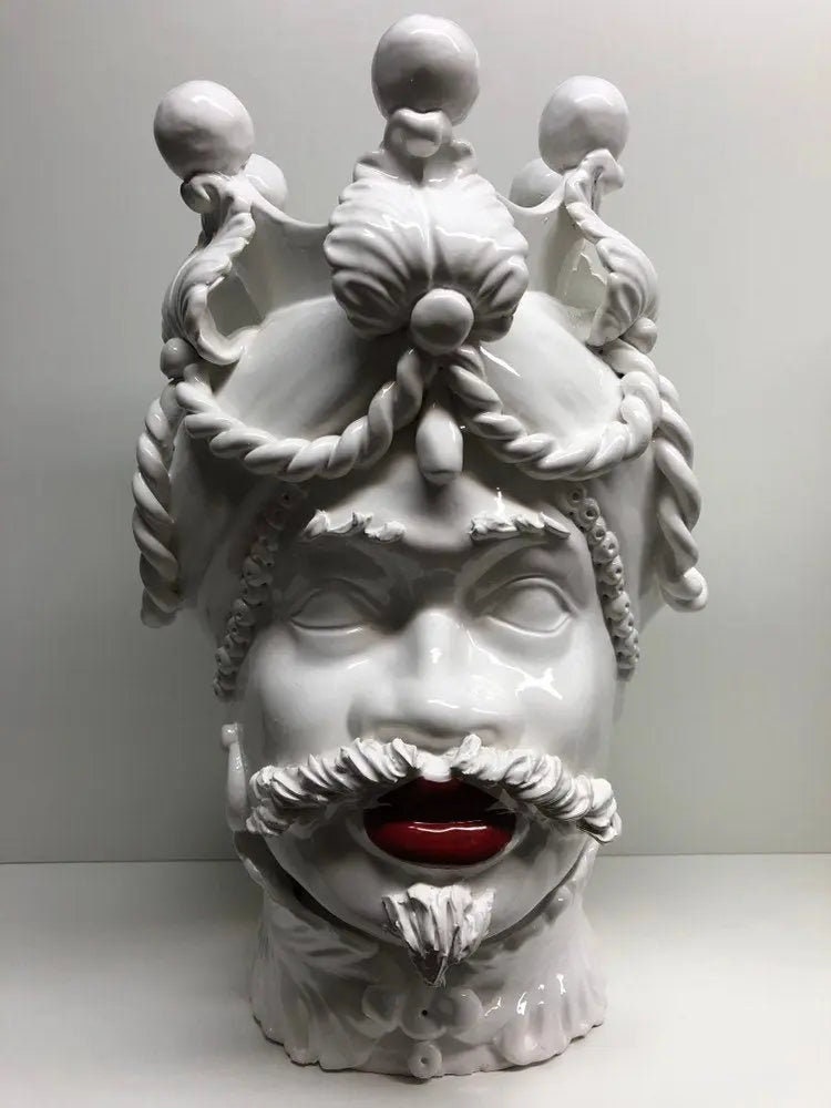 Teste di Moro Zefiro Ceramica Caltagirone cm H.43 L.26 Artigianale Bianco Labbra Rosse DD CERAMICHE SICILIANE