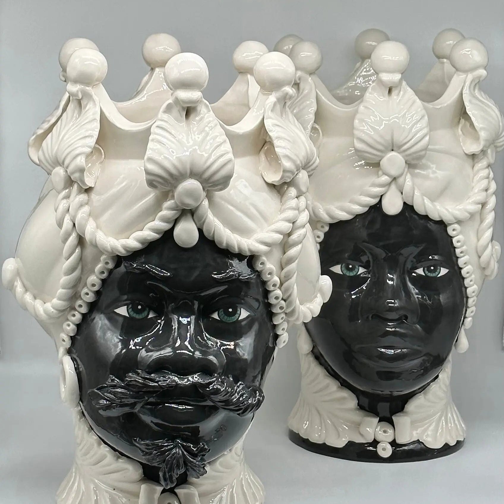 Teste di Moro Zefiro Ceramica Caltagirone cm H.43 L.26 Artigianale Bianco Nero DD CERAMICHE SICILIANE