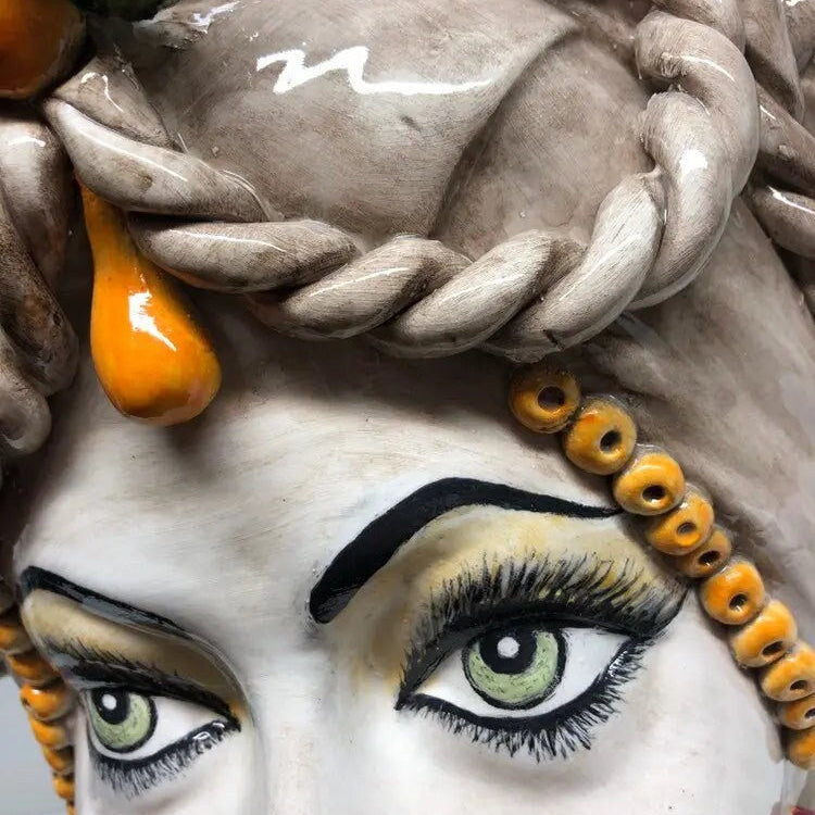 Teste di Moro Zefiro Ceramica Caltagirone cm H.43 L.26 Artigianale Écru Foglie Verde DD CERAMICHE SICILIANE