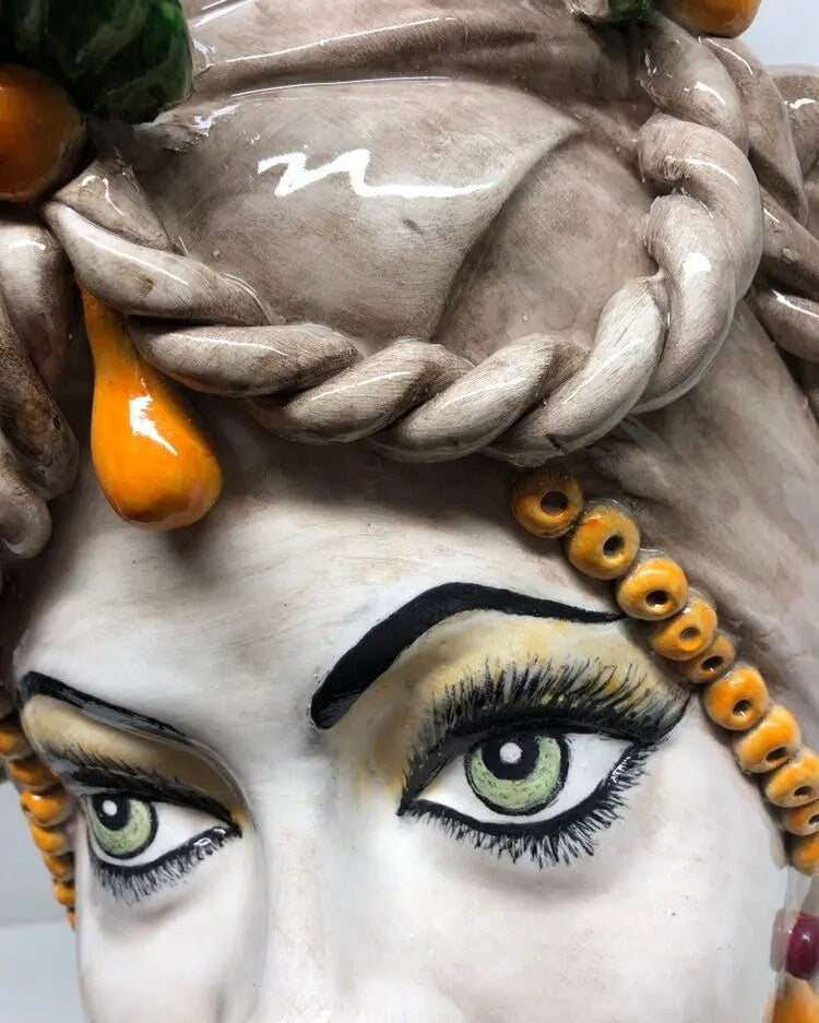 Teste di Moro Zefiro Ceramica Caltagirone cm H.43 L.26 Artigianale Écru Foglie Verde DD CERAMICHE SICILIANE