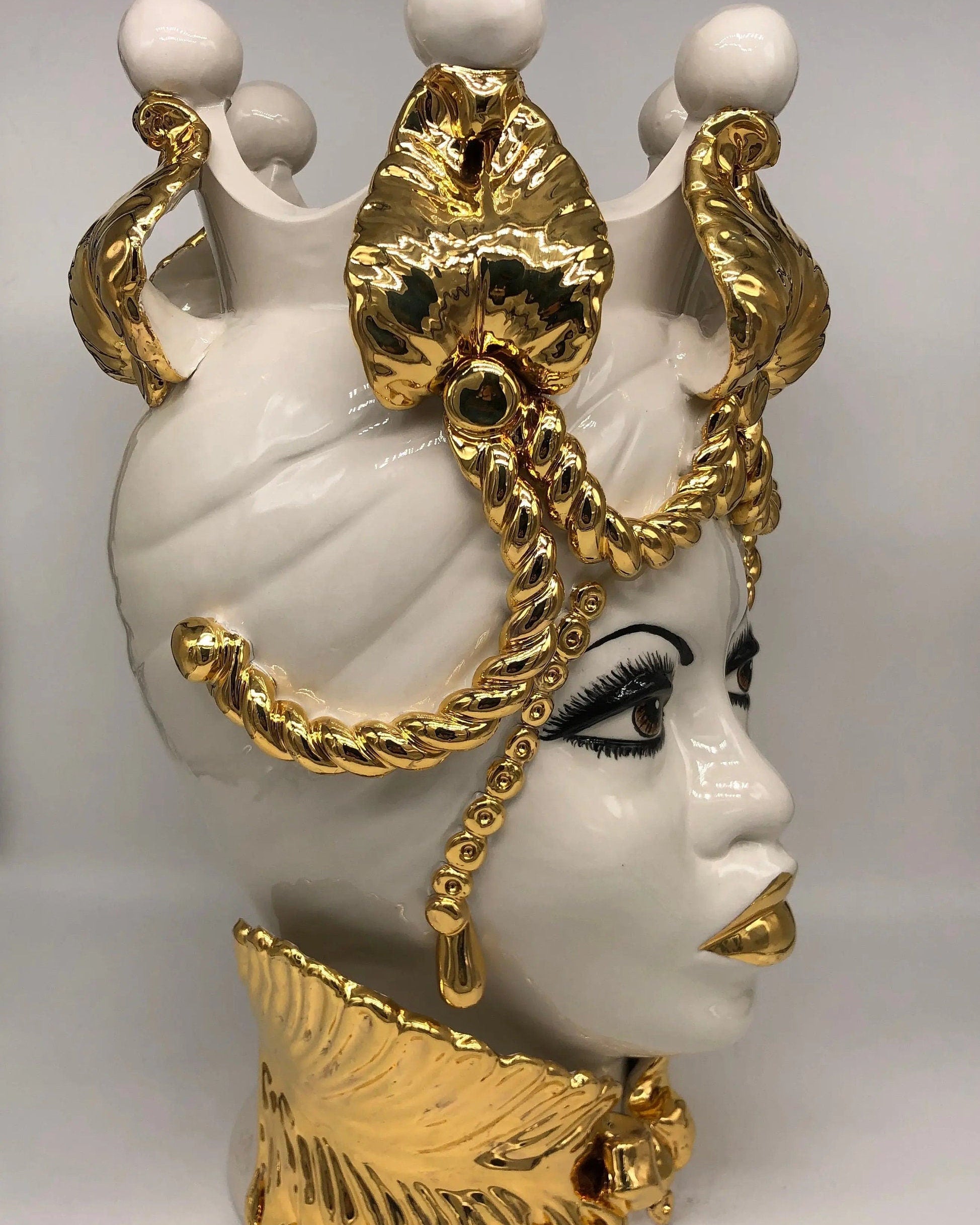 Teste di Moro Zefiro Ceramica Caltagirone cm H.43 L.26 Artigianale Bianco Oro Viso Chiaro DD CERAMICHE SICILIANE