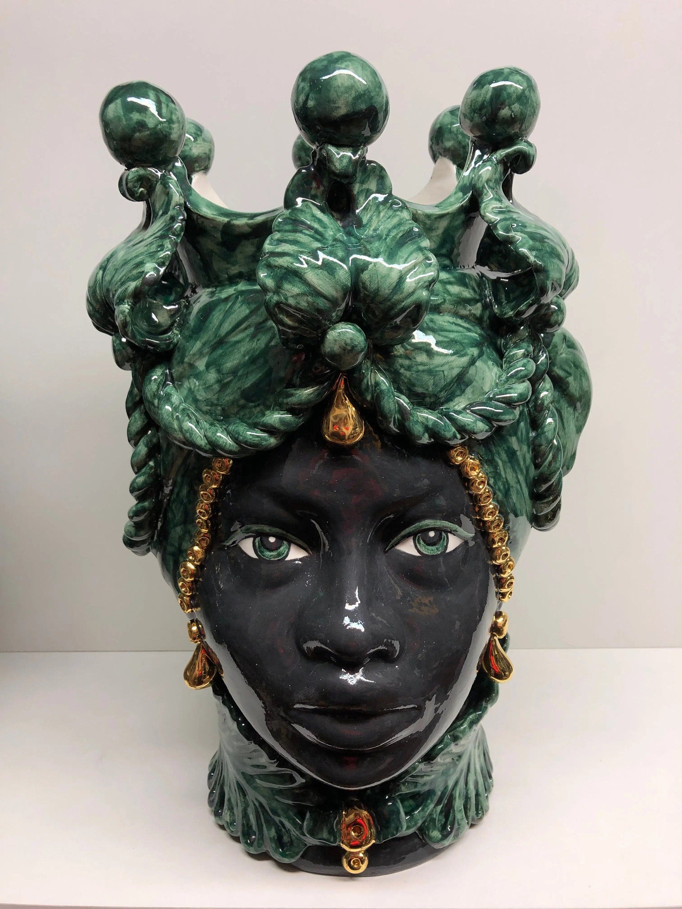 Teste di Moro Zefiro Ceramica Caltagirone cm H.43 L.26 Artigianale Verde Nero Oro DD CERAMICHE SICILIANE