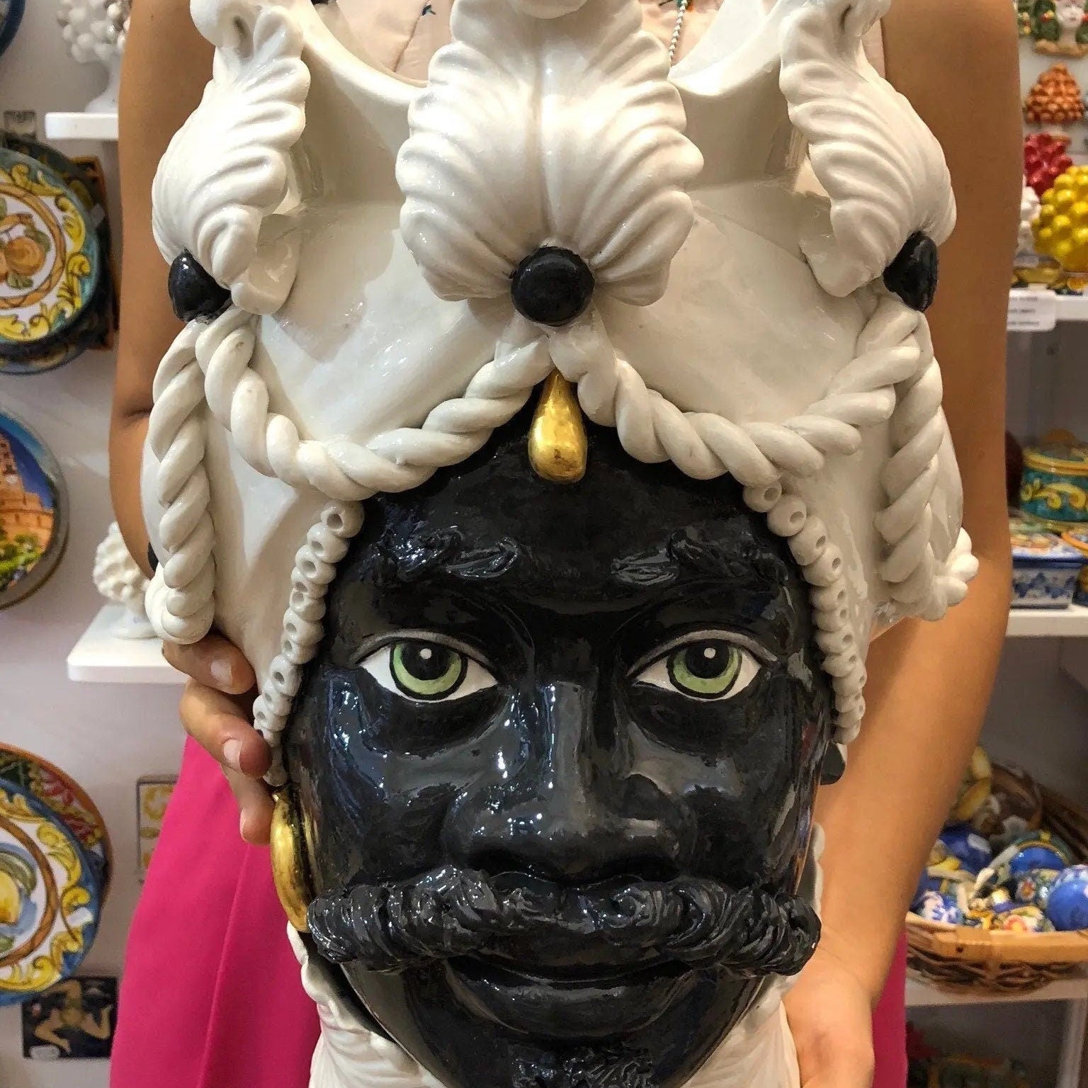 Teste di Moro Zefiro Ceramica Caltagirone cm H.43 L.26 Artigianale Bianco Nero Oro DD CERAMICHE SICILIANE