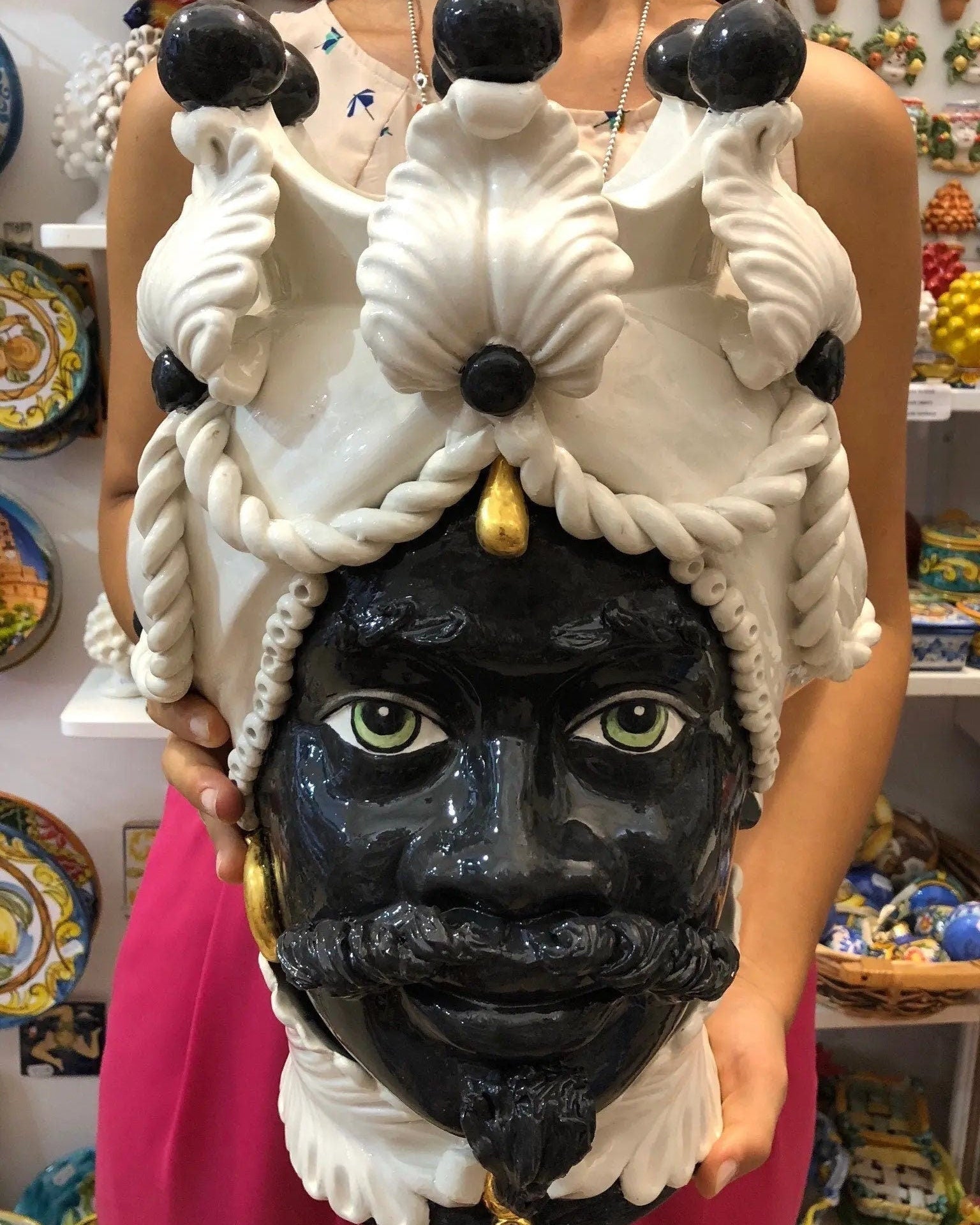 Teste di Moro Zefiro Ceramica Caltagirone cm H.43 L.26 Artigianale Bianco Nero Oro DD CERAMICHE SICILIANE