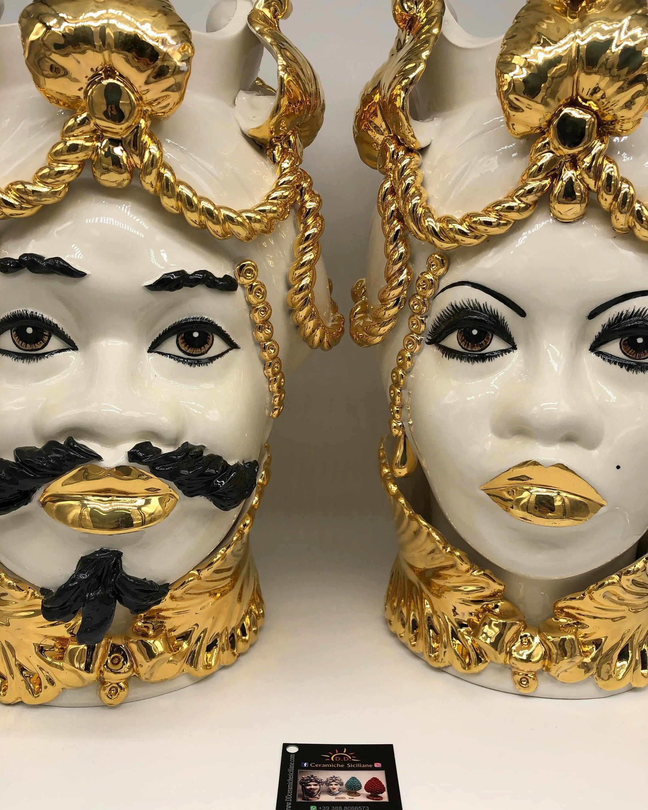 Teste di Moro Zefiro Ceramica Caltagirone cm H.43 L.26 Artigianale Bianco Oro Viso Chiaro DD CERAMICHE SICILIANE