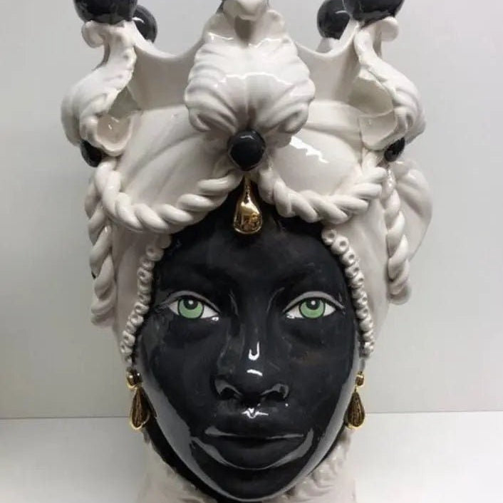 Teste di Moro Zefiro Ceramica Caltagirone cm H.43 L.26 Artigianale Bianco Nero Oro DD CERAMICHE SICILIANE