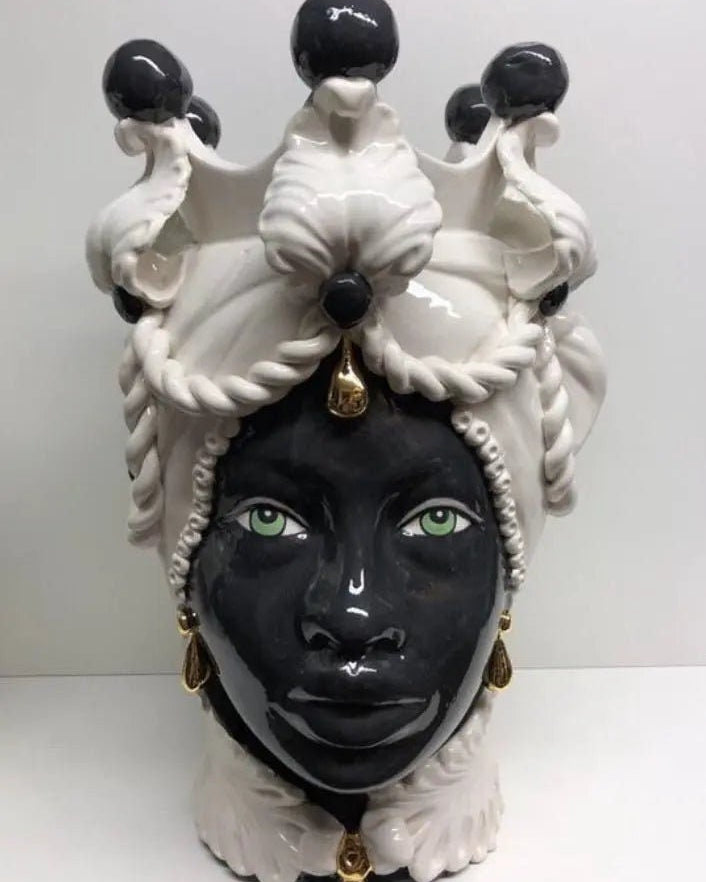 Teste di Moro Zefiro Ceramica Caltagirone cm H.43 L.26 Artigianale Bianco Nero Oro DD CERAMICHE SICILIANE