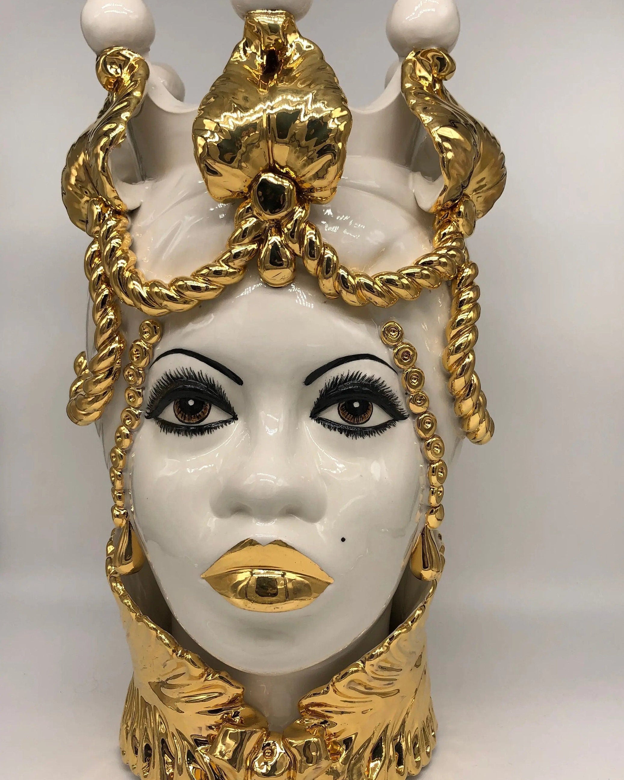 Teste di Moro Zefiro Ceramica Caltagirone cm H.43 L.26 Artigianale Bianco Oro Viso Chiaro DD CERAMICHE SICILIANE