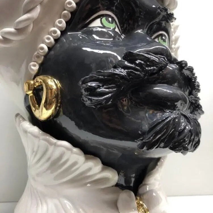 Teste di Moro Zefiro Ceramica Caltagirone cm H.43 L.26 Artigianale Bianco Nero Oro DD CERAMICHE SICILIANE