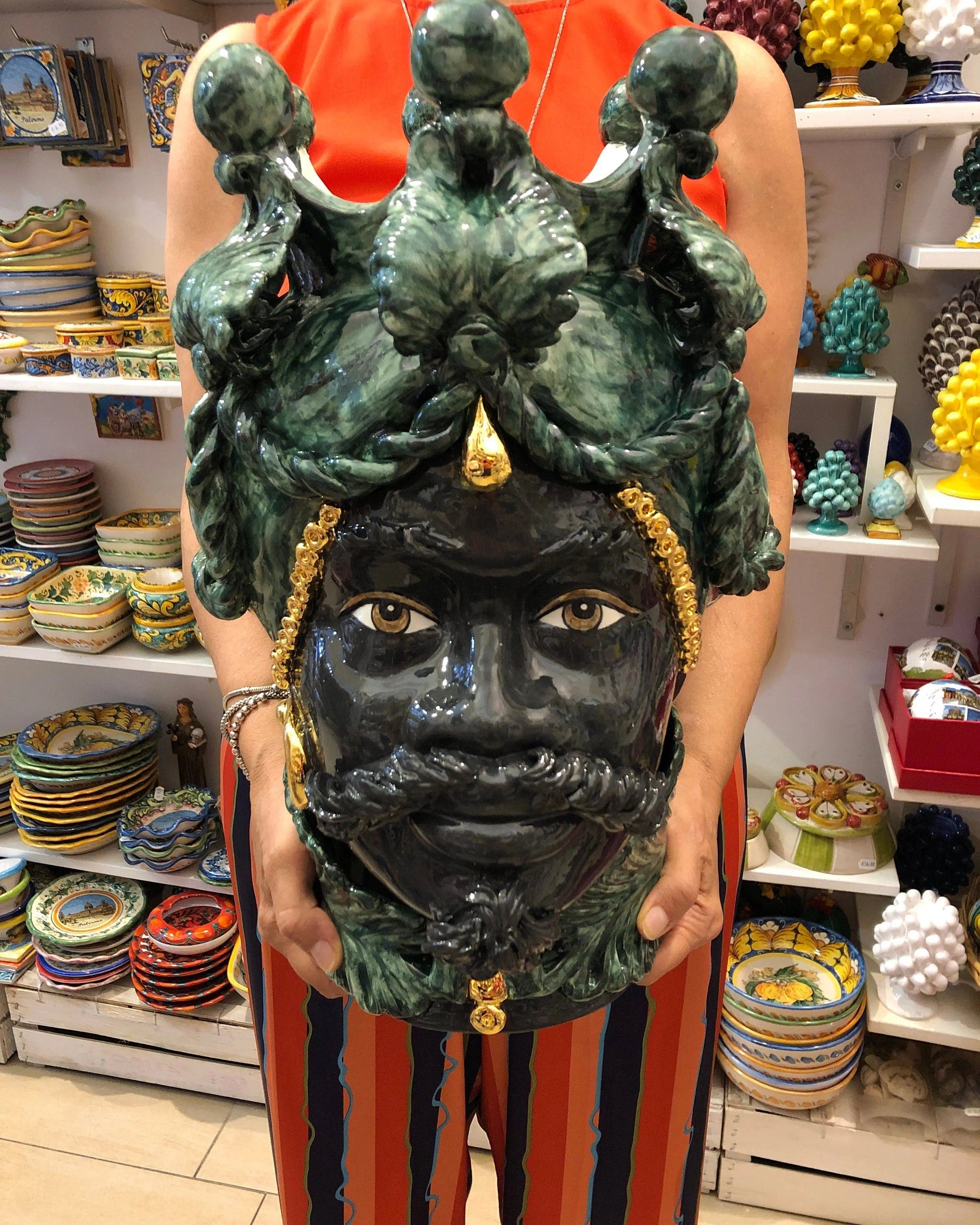 Teste di Moro Zefiro Ceramica Caltagirone cm H.43 L.26 Artigianale Verde Nero Oro DD CERAMICHE SICILIANE