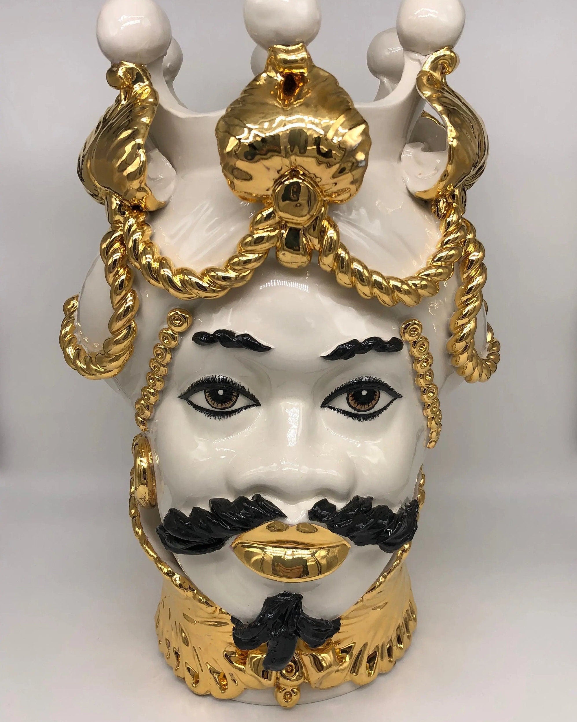 Teste di Moro Zefiro Ceramica Caltagirone cm H.43 L.26 Artigianale Bianco Oro Viso Chiaro DD CERAMICHE SICILIANE