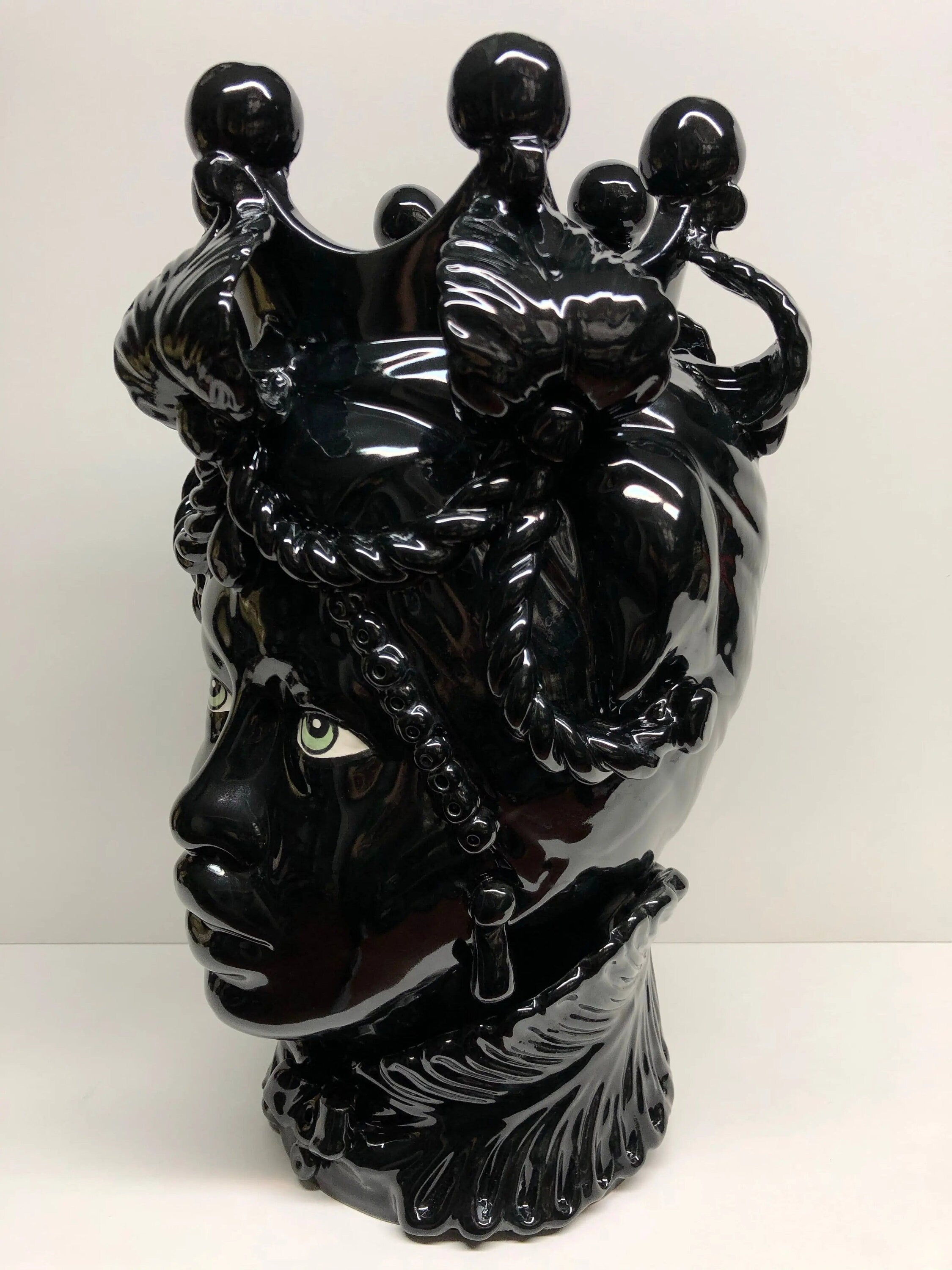 Teste di Moro Zefiro Ceramica Caltagirone cm H.43 L.26 Artigianale Nero Lucido Occhi Verde DD CERAMICHE SICILIANE