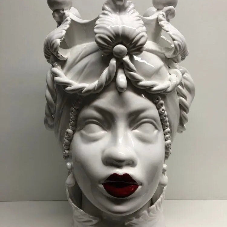 Teste di Moro Zefiro Ceramica Caltagirone cm H.43 L.26 Artigianale Bianco Labbra Rosse DD CERAMICHE SICILIANE