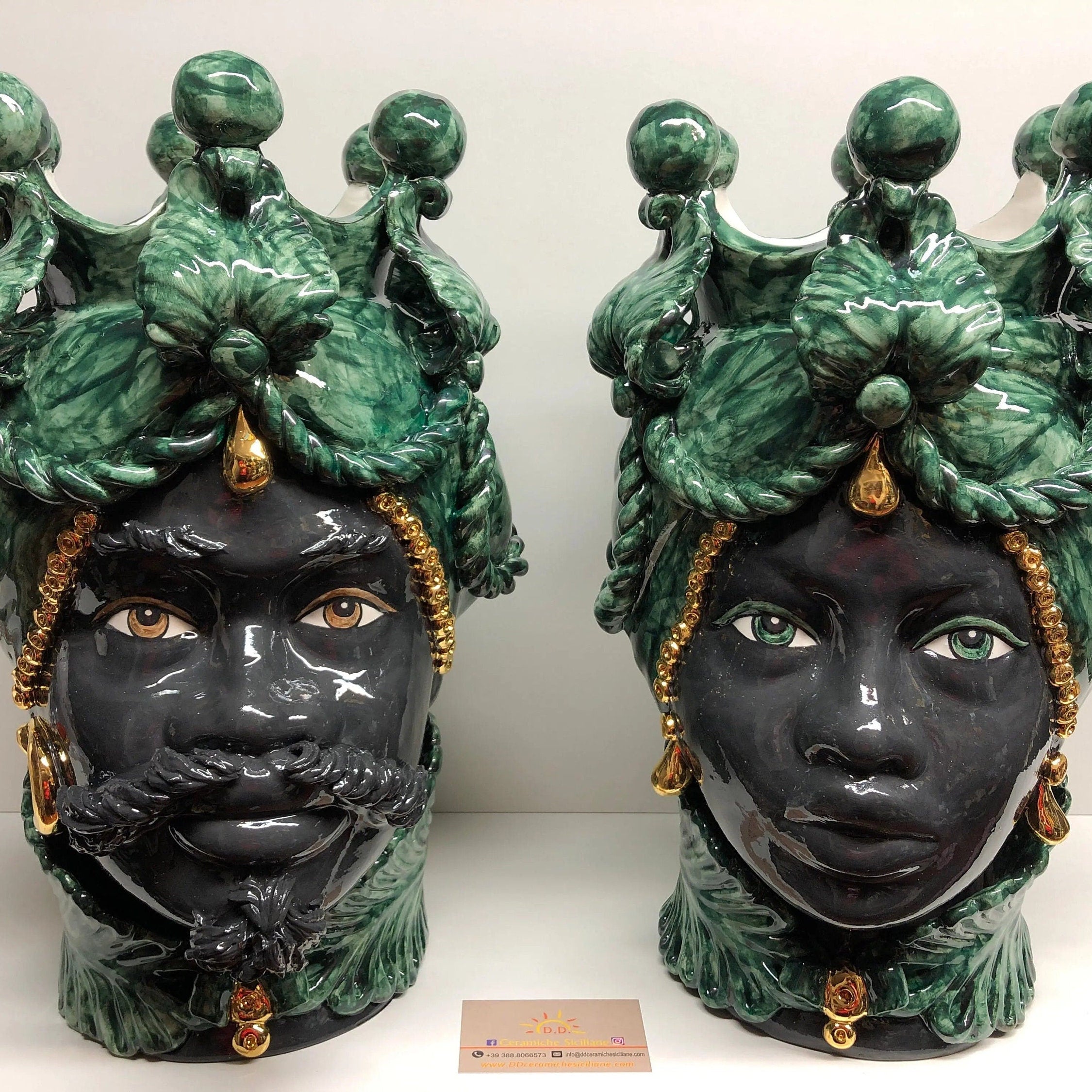 Teste di Moro Zefiro Ceramica Caltagirone cm H.43 L.26 Artigianale Verde Nero Oro DD CERAMICHE SICILIANE