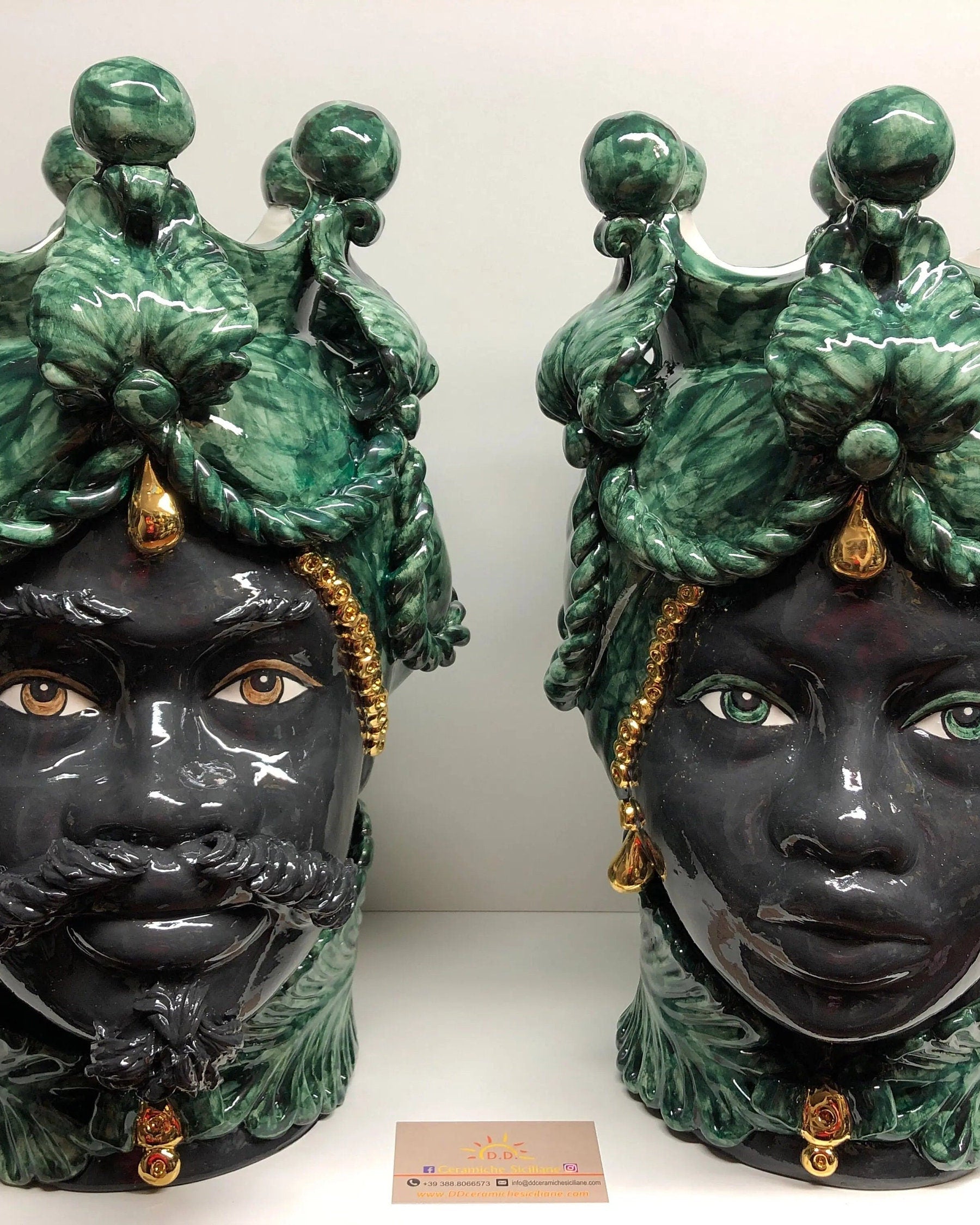 Teste di Moro Zefiro Ceramica Caltagirone cm H.43 L.26 Artigianale Verde Nero Oro DD CERAMICHE SICILIANE