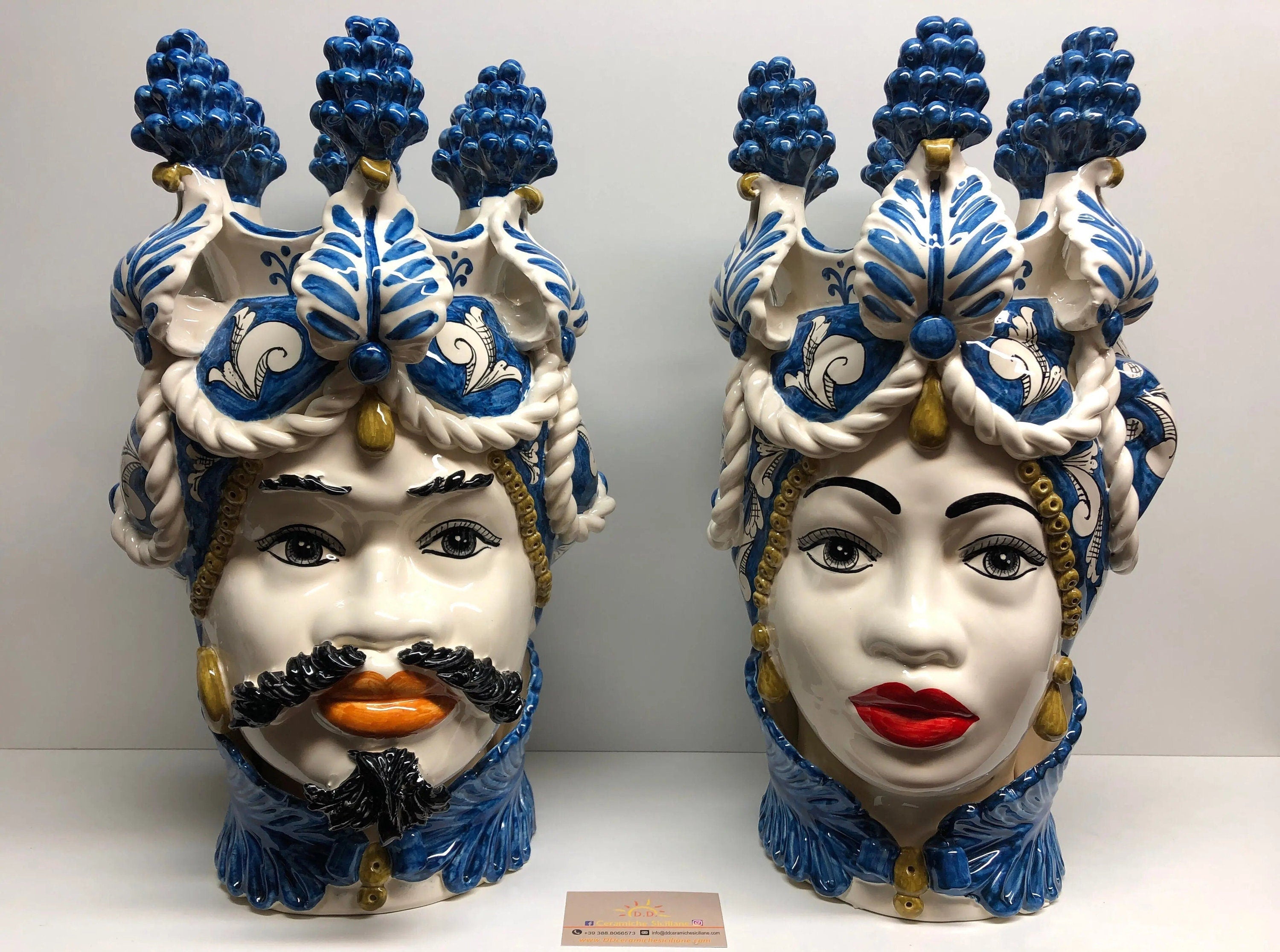 Teste di Moro Zefiro Corona Pigne Ceramica Caltagirone cm H.48 L.28 Artigianale Blu DD CERAMICHE SICILIANE