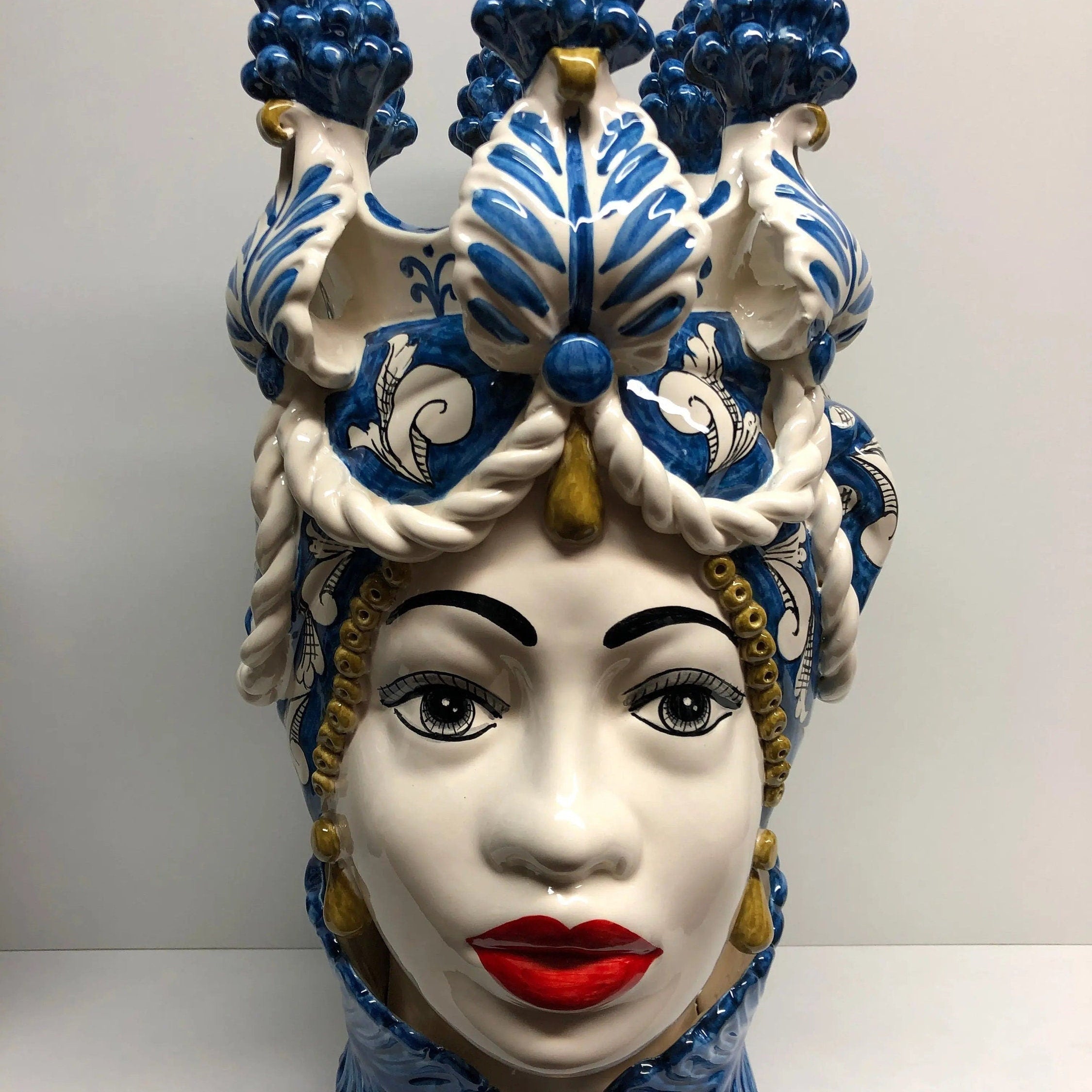 Teste di Moro Zefiro Corona Pigne Ceramica Caltagirone cm H.48 L.28 Artigianale Blu DD CERAMICHE SICILIANE