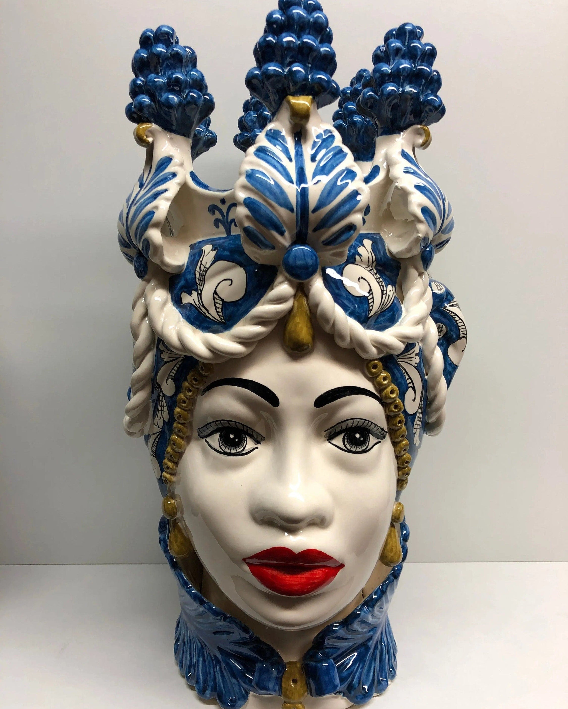 Teste di Moro Zefiro Corona Pigne Ceramica Caltagirone cm H.48 L.28 Artigianale Blu DD CERAMICHE SICILIANE