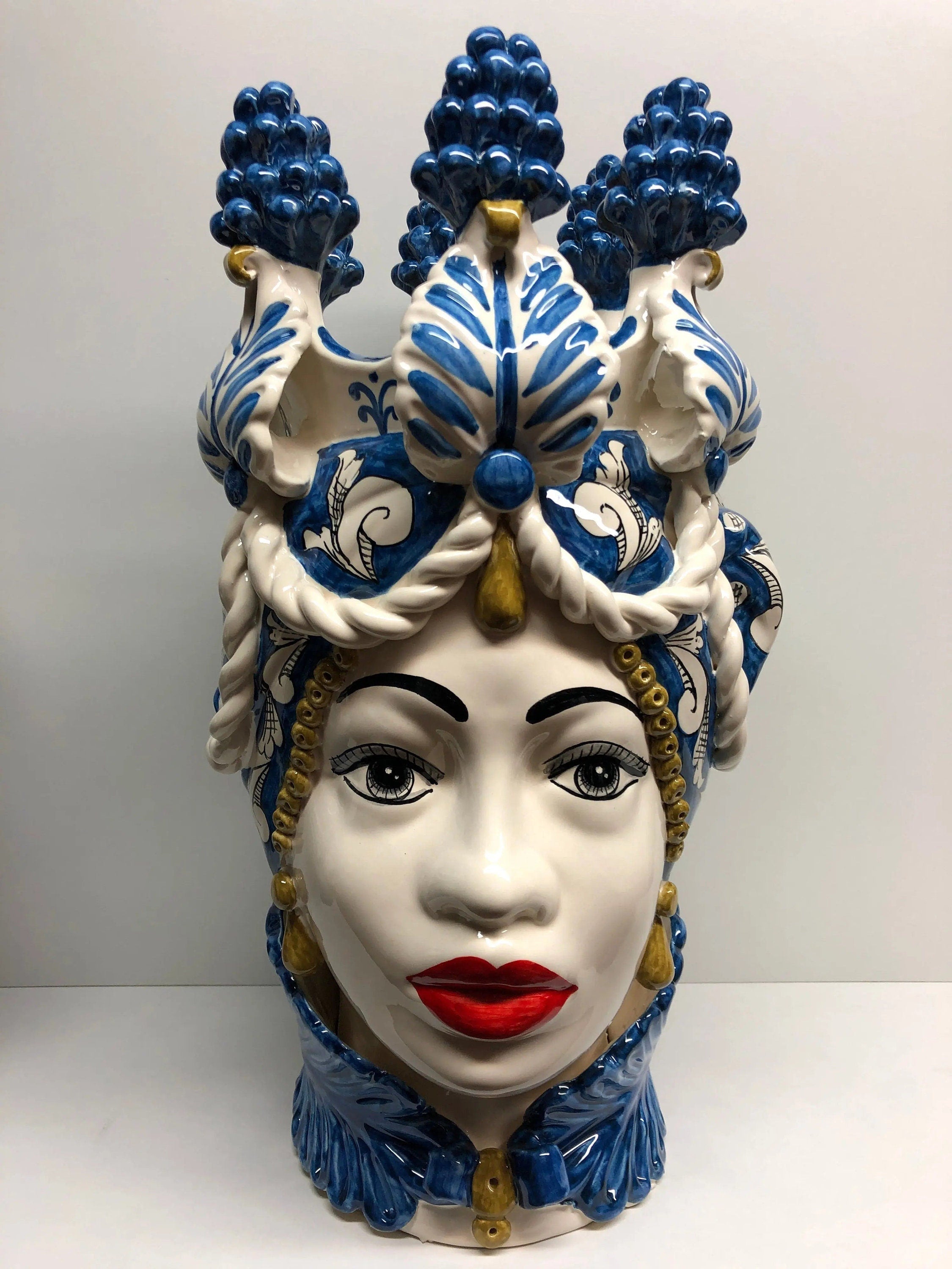 Teste di Moro Zefiro Corona Pigne Ceramica Caltagirone cm H.48 L.28 Artigianale Blu DD CERAMICHE SICILIANE