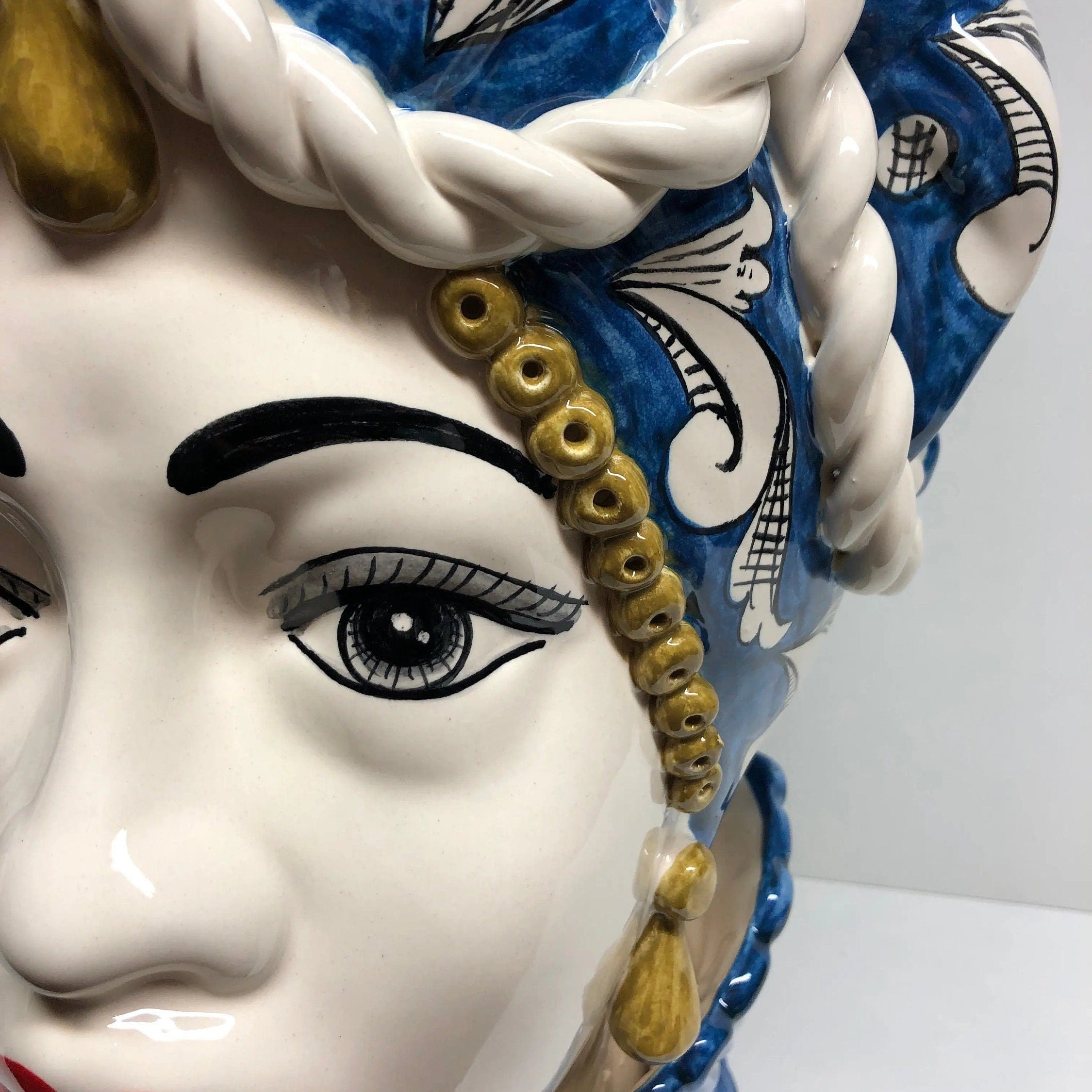 Teste di Moro Zefiro Corona Pigne Ceramica Caltagirone cm H.48 L.28 Artigianale Blu DD CERAMICHE SICILIANE