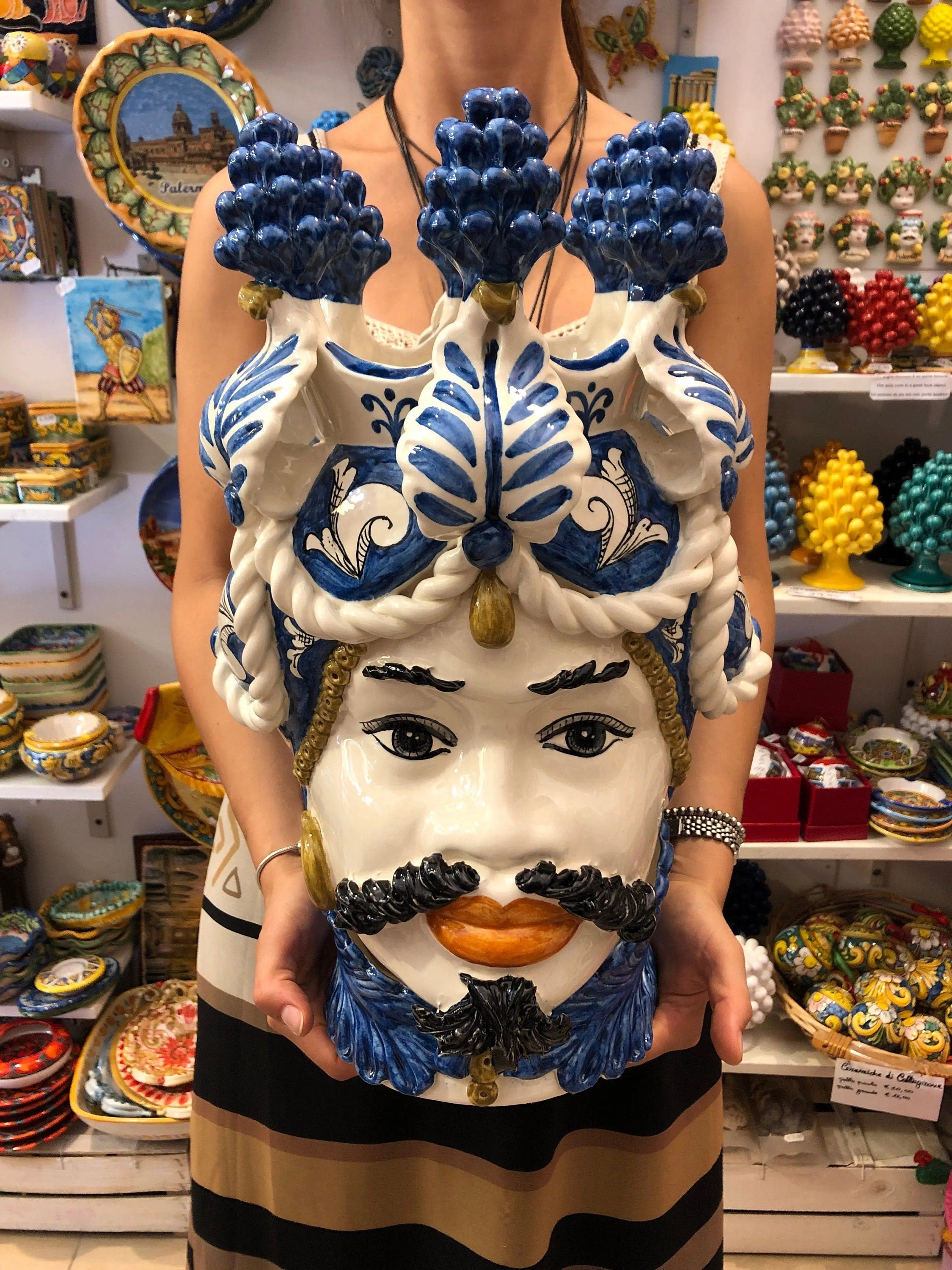 Teste di Moro Zefiro Corona Pigne Ceramica Caltagirone cm H.48 L.28 Artigianale Blu DD CERAMICHE SICILIANE