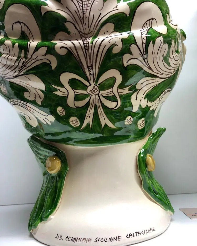 Teste di Moro Zefiro Corona Pigne Ceramica Caltagirone cm H.48 L.28 Artigianale Verde DD CERAMICHE SICILIANE