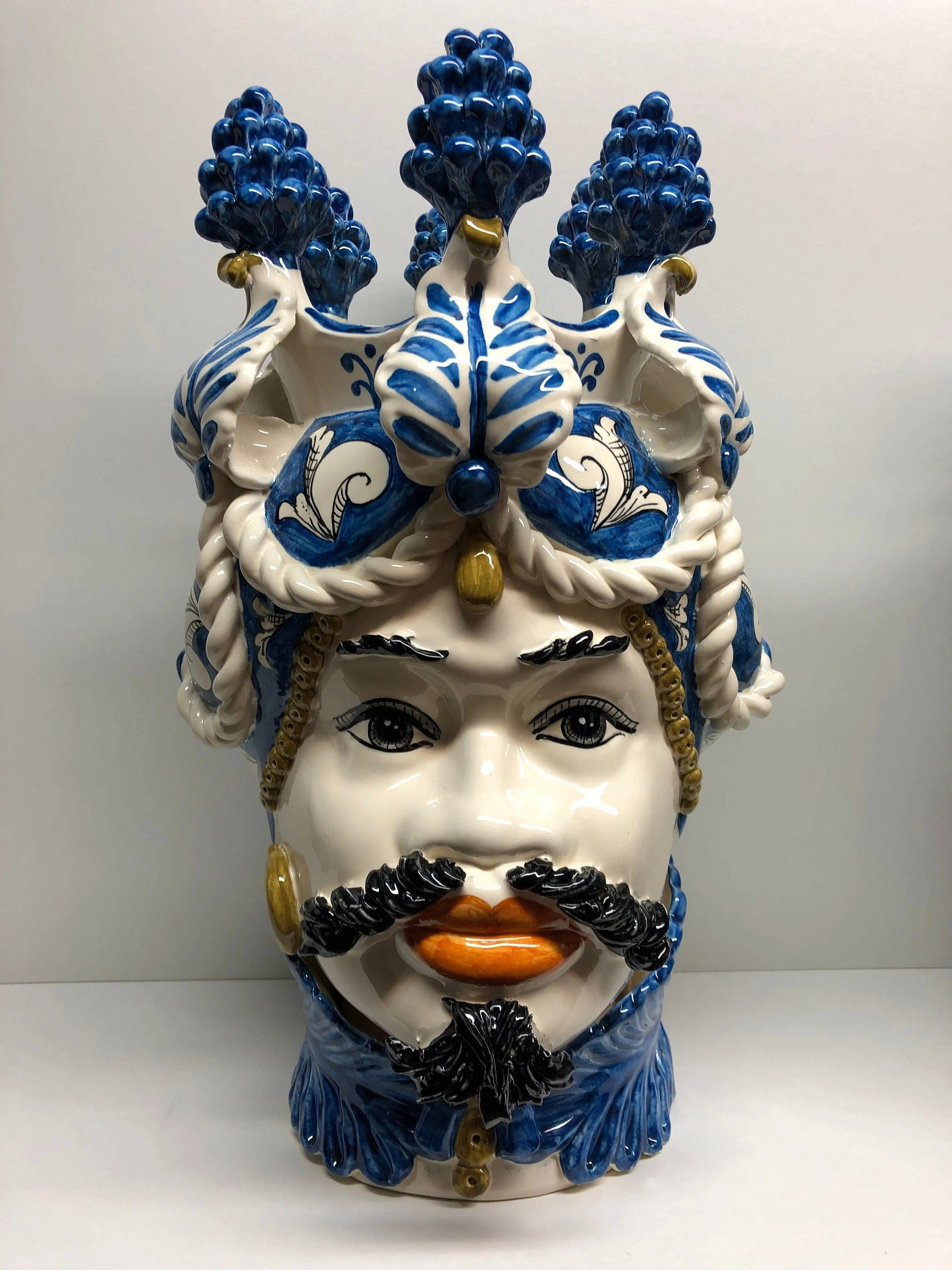 Teste di Moro Zefiro Corona Pigne Ceramica Caltagirone cm H.48 L.28 Artigianale Blu DD CERAMICHE SICILIANE