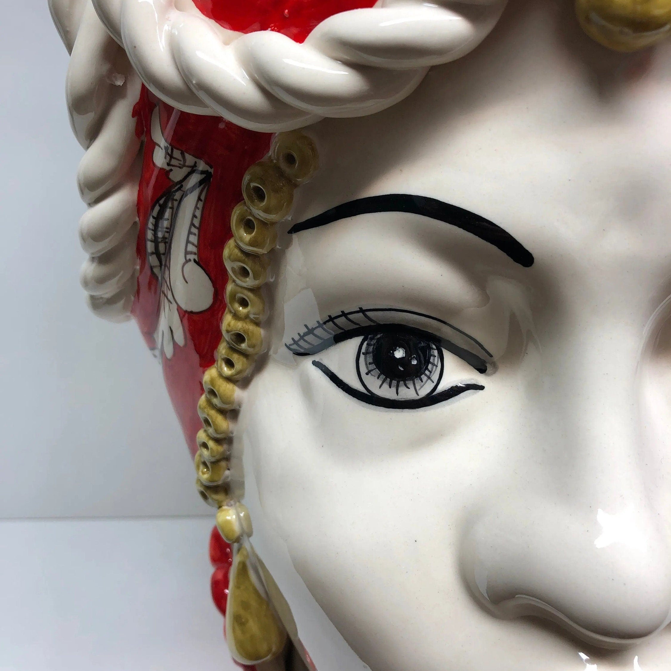 Teste di Moro Zefiro Corona Pigne Ceramica Caltagirone cm H.48 L.28 Artigianale Rosso DD CERAMICHE SICILIANE