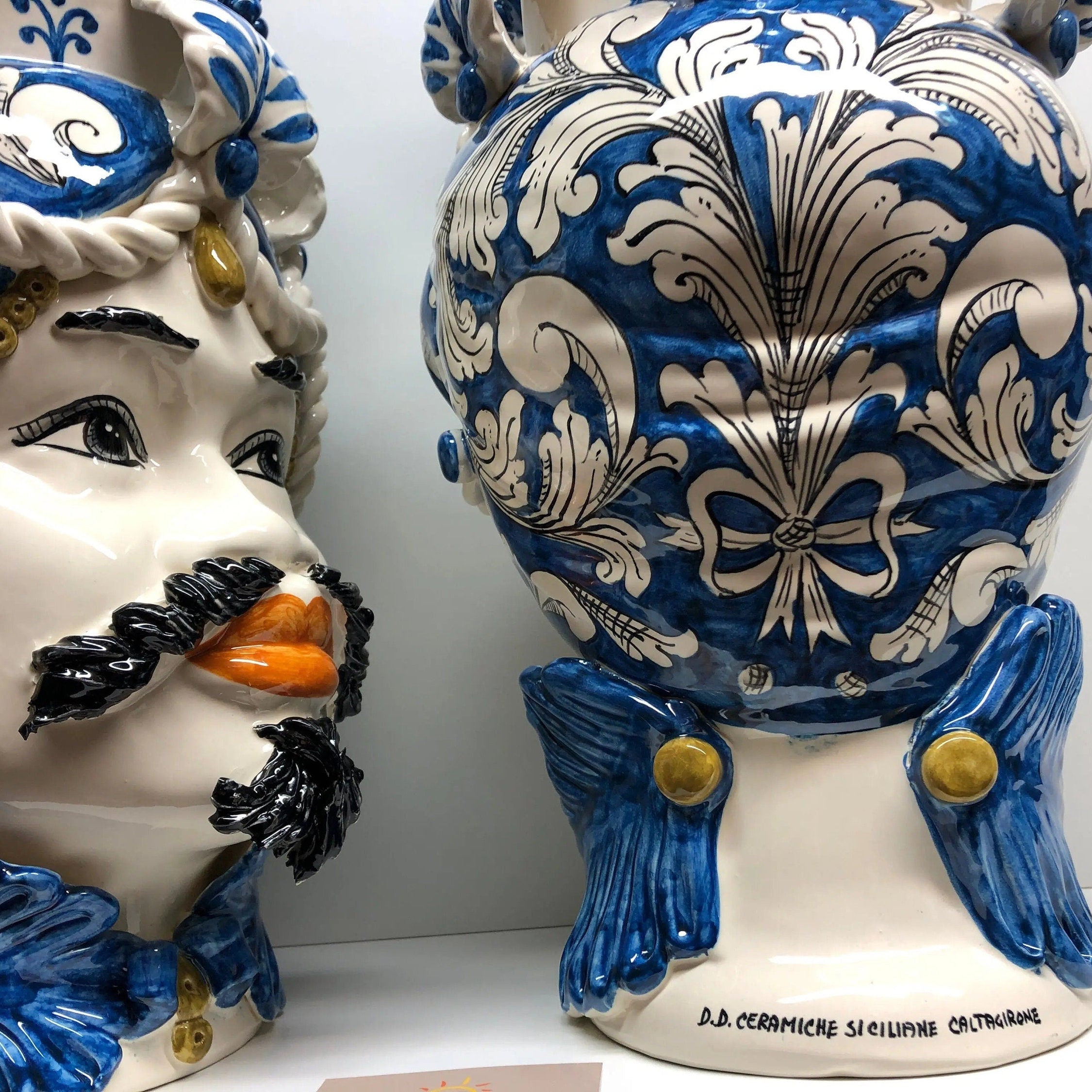 Teste di Moro Zefiro Corona Pigne Ceramica Caltagirone cm H.48 L.28 Artigianale Blu DD CERAMICHE SICILIANE