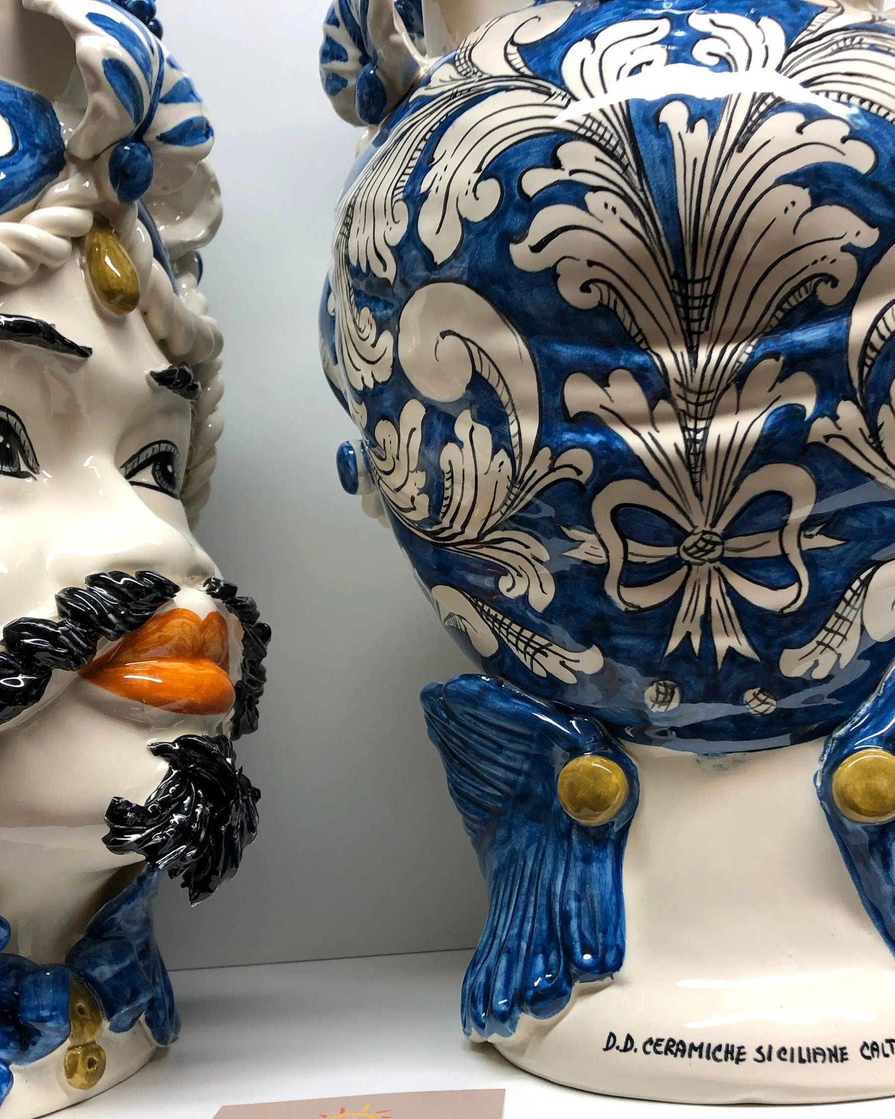 Teste di Moro Zefiro Corona Pigne Ceramica Caltagirone cm H.48 L.28 Artigianale Blu DD CERAMICHE SICILIANE