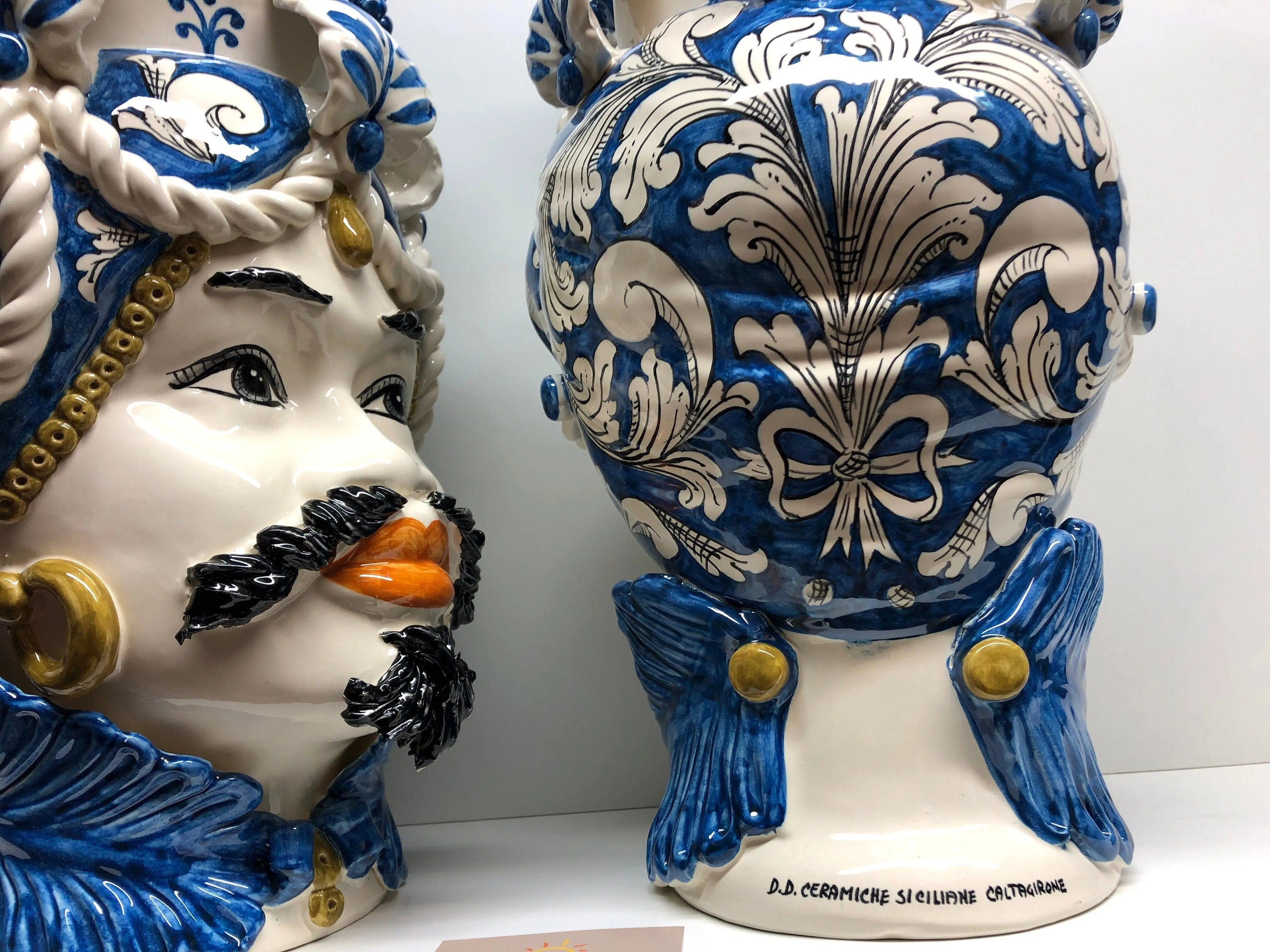 Teste di Moro Zefiro Corona Pigne Ceramica Caltagirone cm H.48 L.28 Artigianale Blu DD CERAMICHE SICILIANE