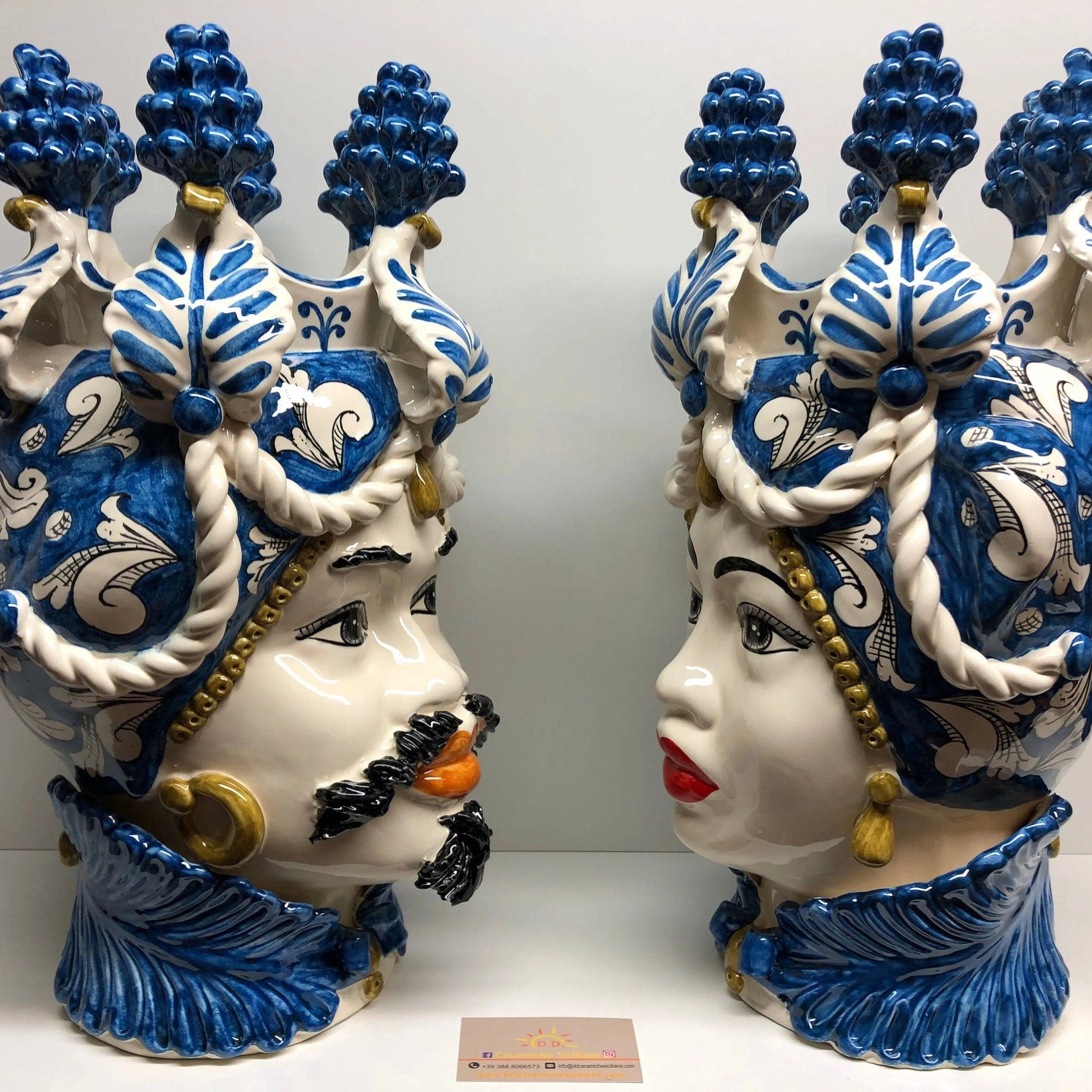 Teste di Moro Zefiro Corona Pigne Ceramica Caltagirone cm H.48 L.28 Artigianale Blu DD CERAMICHE SICILIANE