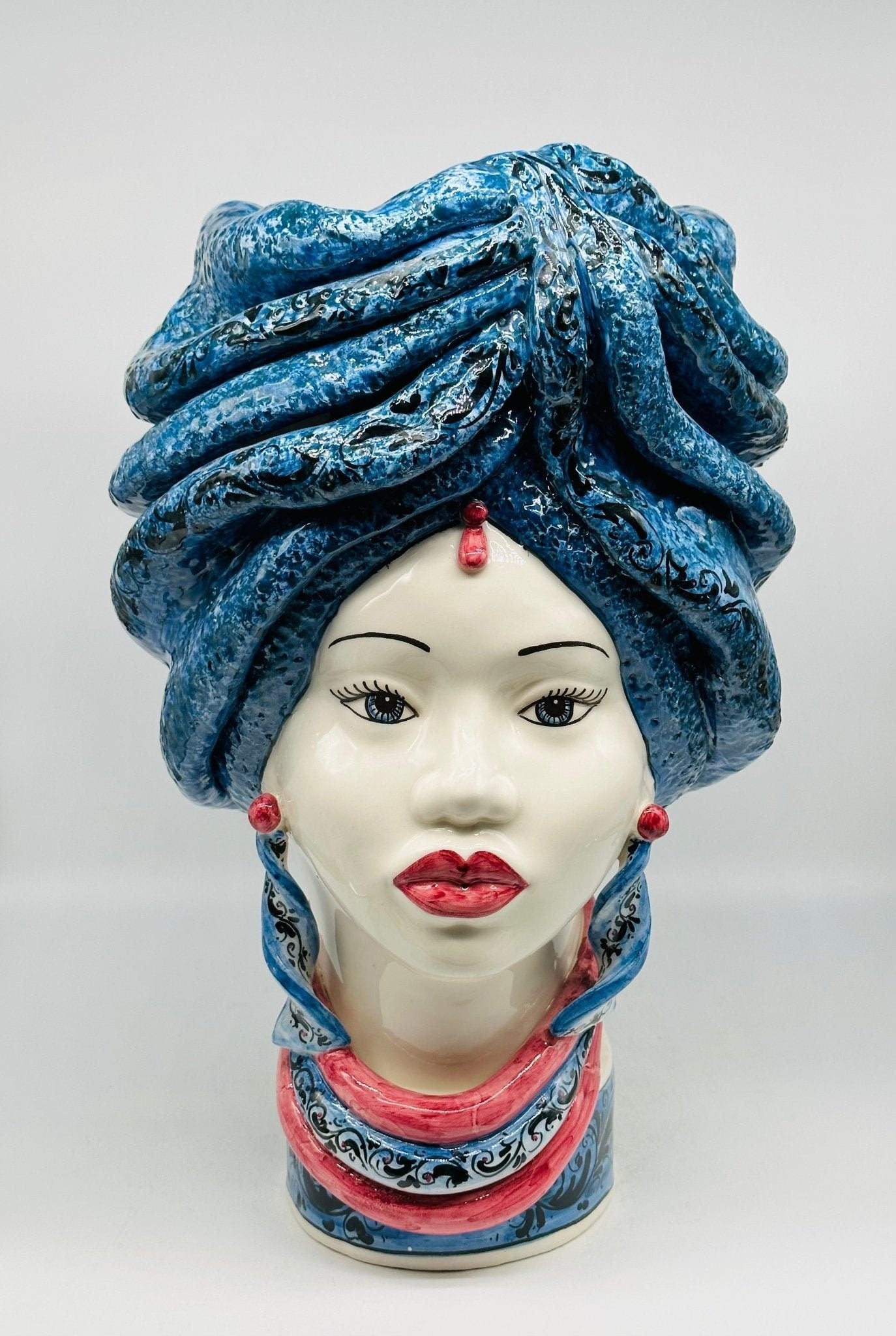 Teste di Moro Zeus Ceramica Caltagirone cm H.45 L.28 Artigianale Blu Lilla - DD CERAMICHE SICILIANE